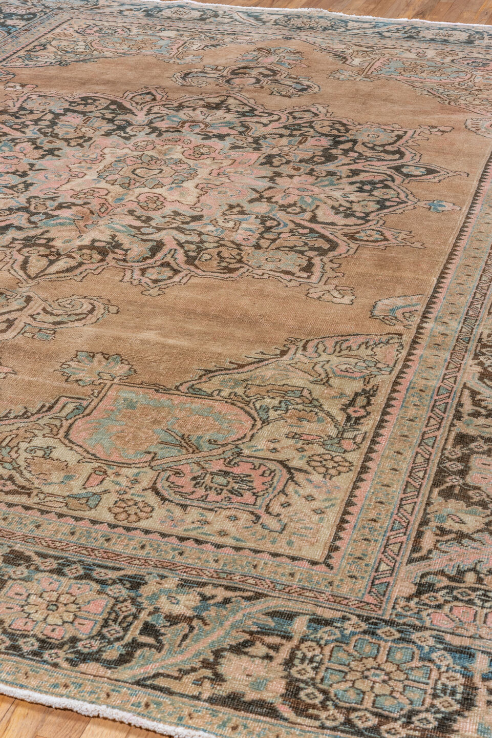 9' x 11' one-of-a-kind handmade vintage Heriz large size rug. Color palette: gray, pink, off-white, brown, black, blue