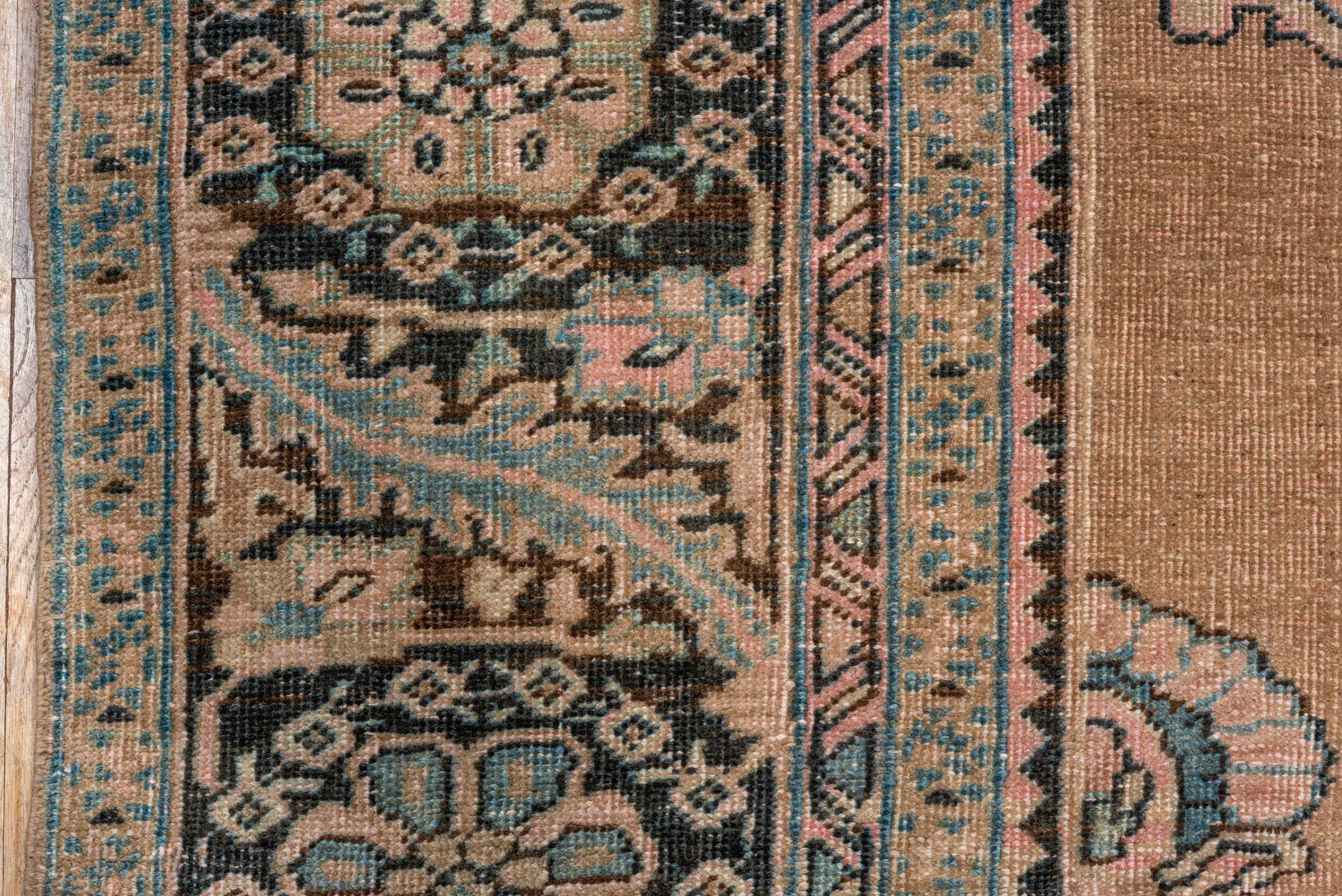 9' x 11' one-of-a-kind handmade vintage Heriz large size rug. Color palette: gray, pink, off-white, brown, black, blue