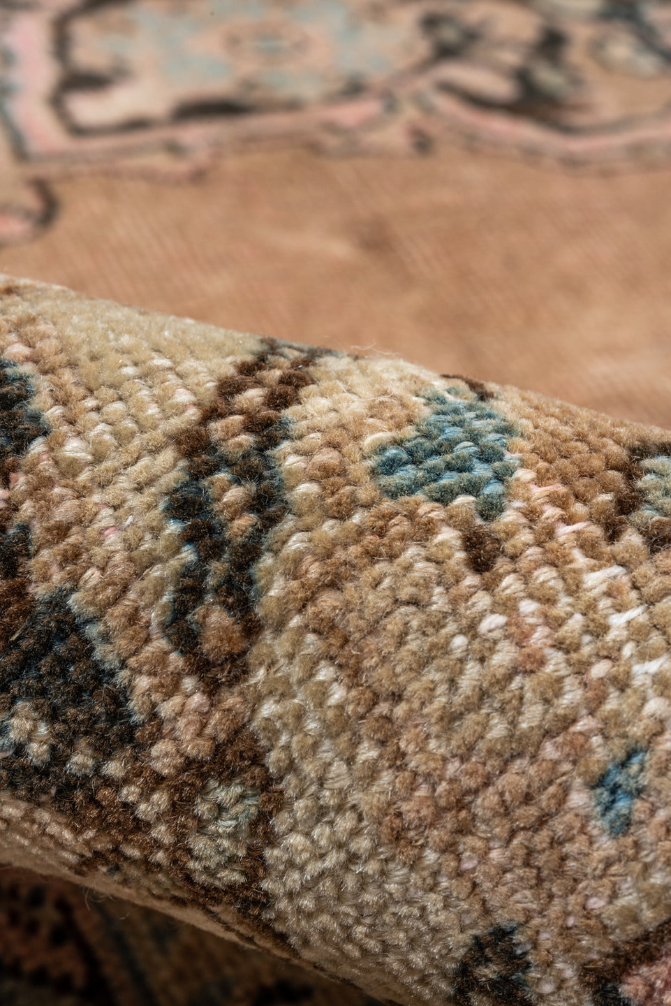 9' x 11' one-of-a-kind handmade vintage Heriz large size rug. Color palette: gray, pink, off-white, brown, black, blue