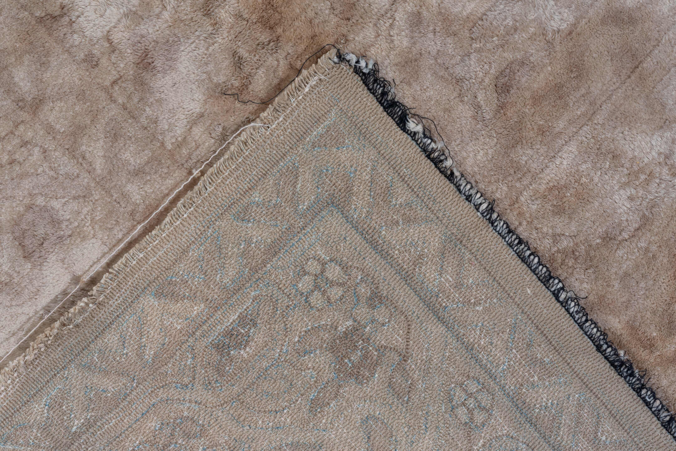 9' x 11' one-of-a-kind handmade vintage Hooked large size rug. Color palette: gray, light gray, off-white, brown, pink