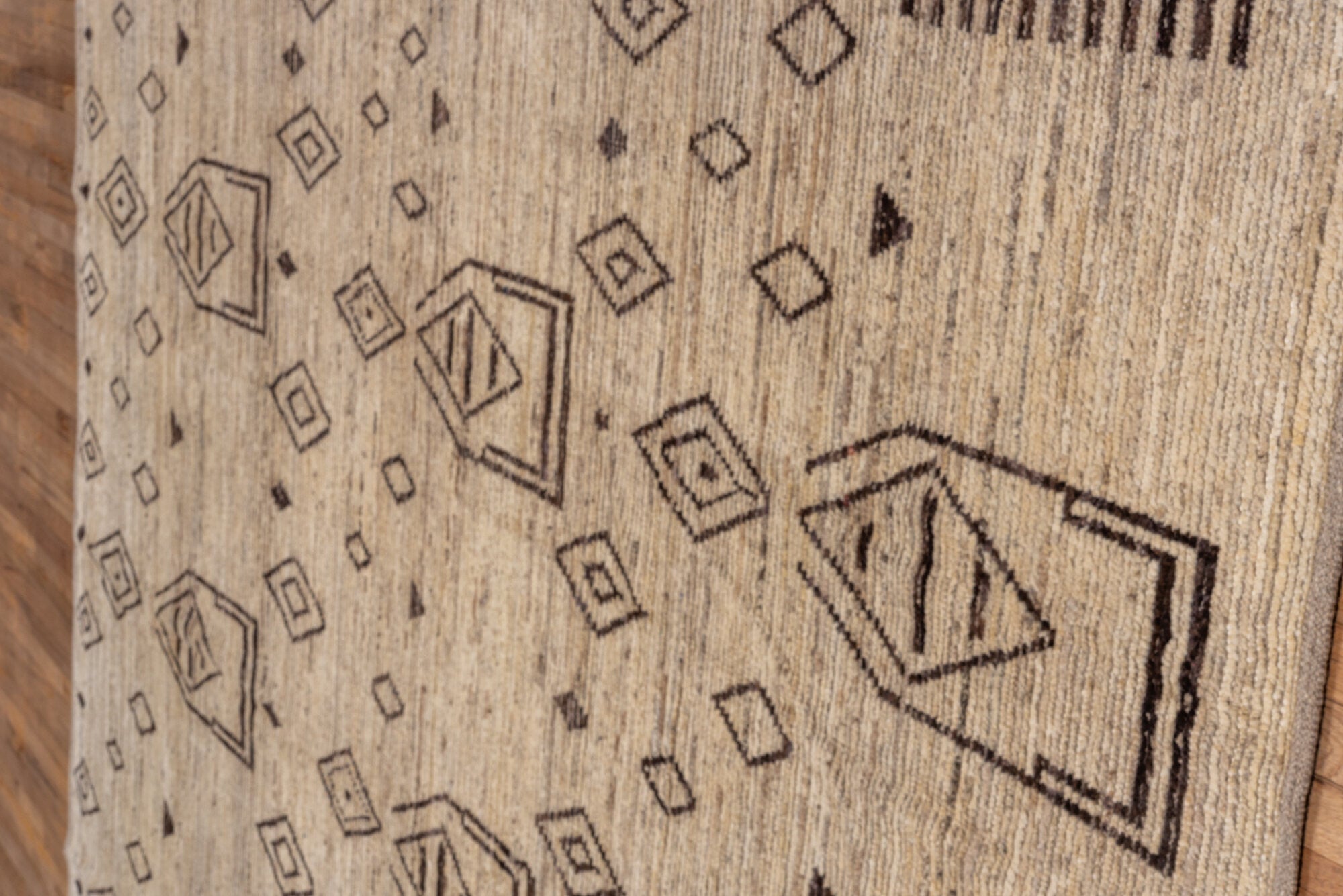 9' x 11' one-of-a-kind handmade vintage Tulu large size rug. Color palette: brown, off-white, gray, pink, light gray, black