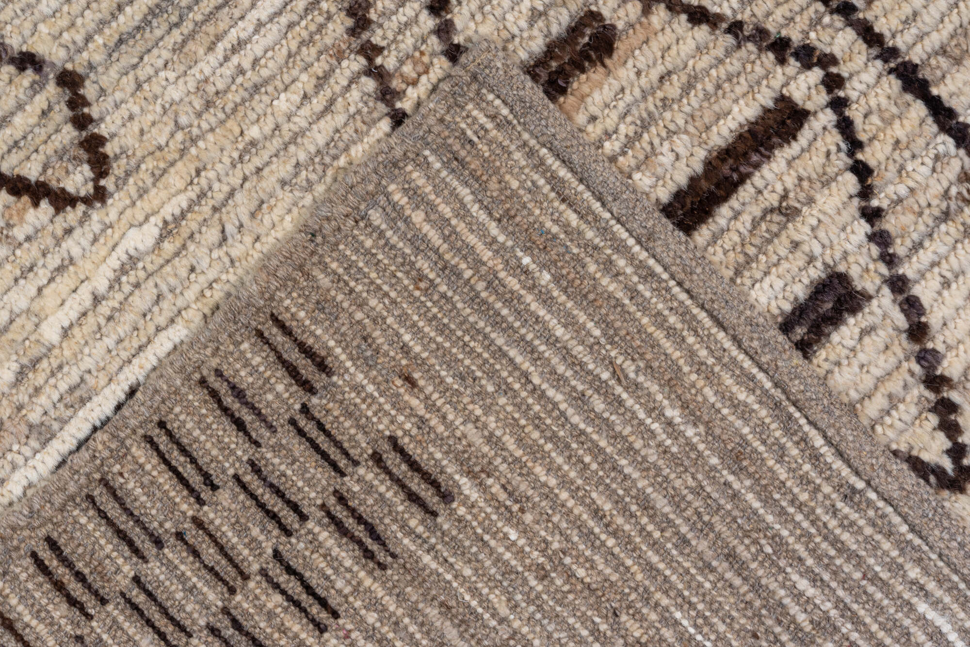 9' x 11' one-of-a-kind handmade vintage Tulu large size rug. Color palette: brown, off-white, gray, pink, light gray, black