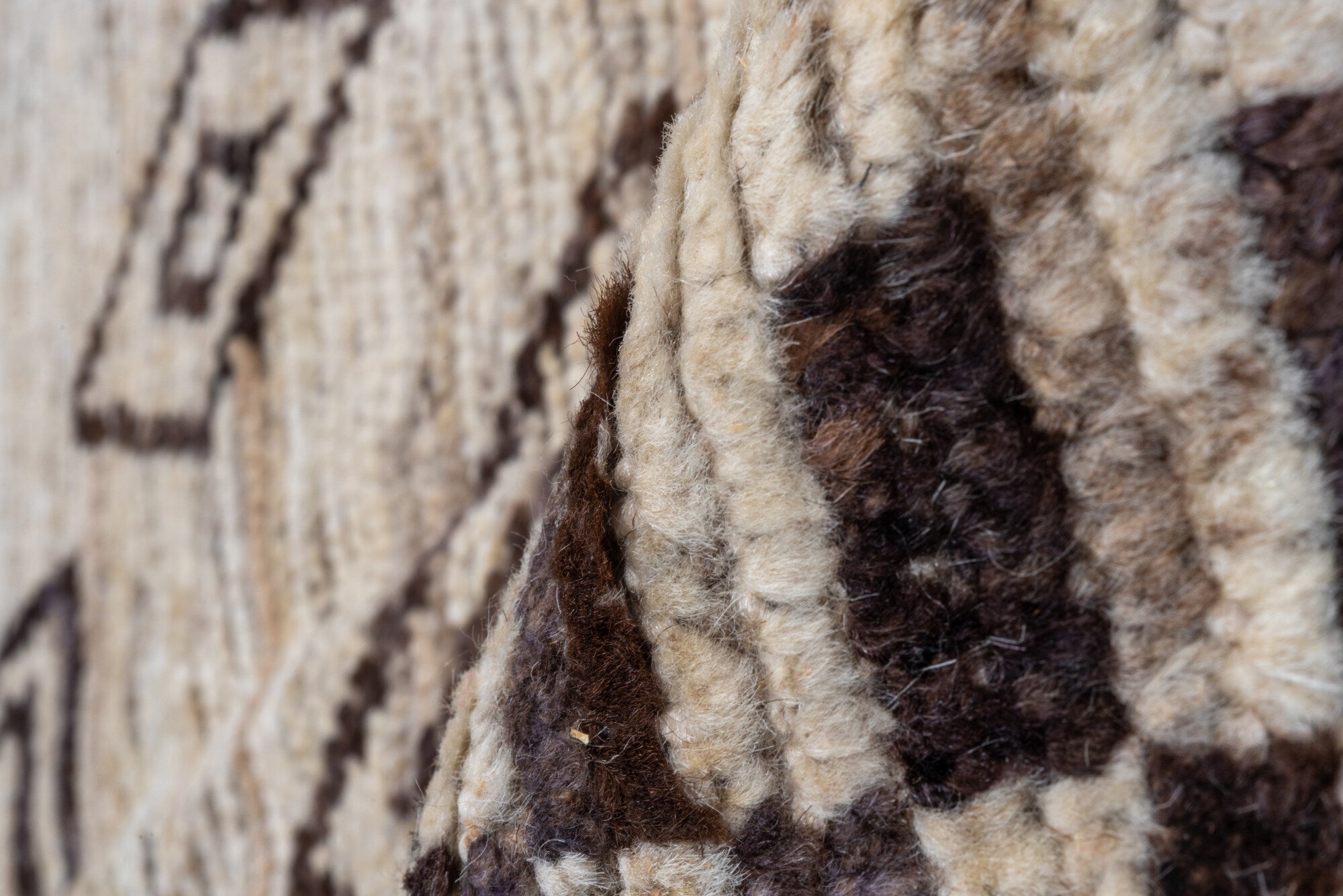 9' x 11' one-of-a-kind handmade vintage Tulu large size rug. Color palette: brown, off-white, gray, pink, light gray, black