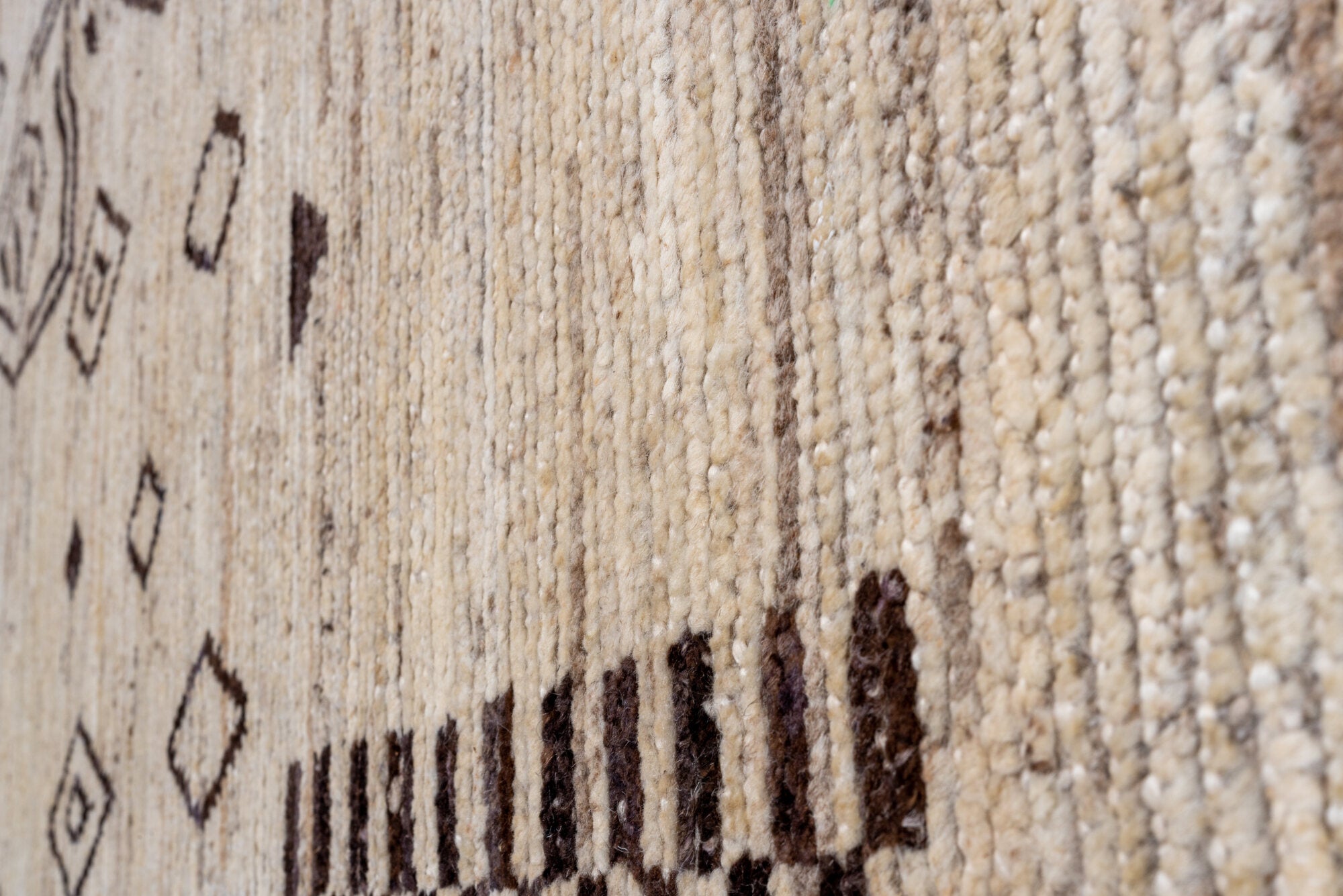 9' x 11' one-of-a-kind handmade vintage Tulu large size rug. Color palette: brown, off-white, gray, pink, light gray, black