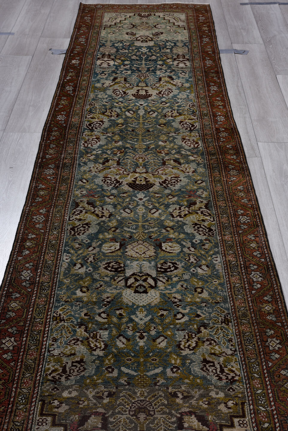 2' x 12' one-of-a-kind handmade vintage Malayer runner rug. Color palette: gray, black, brown, light gray, blue, off-white
