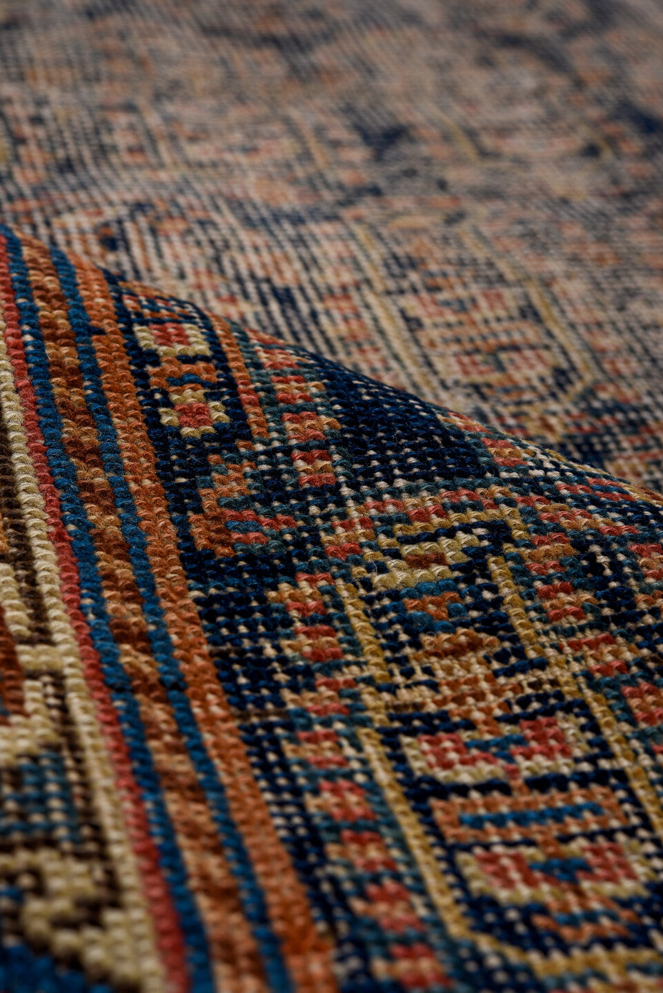 4' x 5' one-of-a-kind handmade vintage Afshar small size rug. Color palette: gray, blue, off-white, brown, red, orange, pink