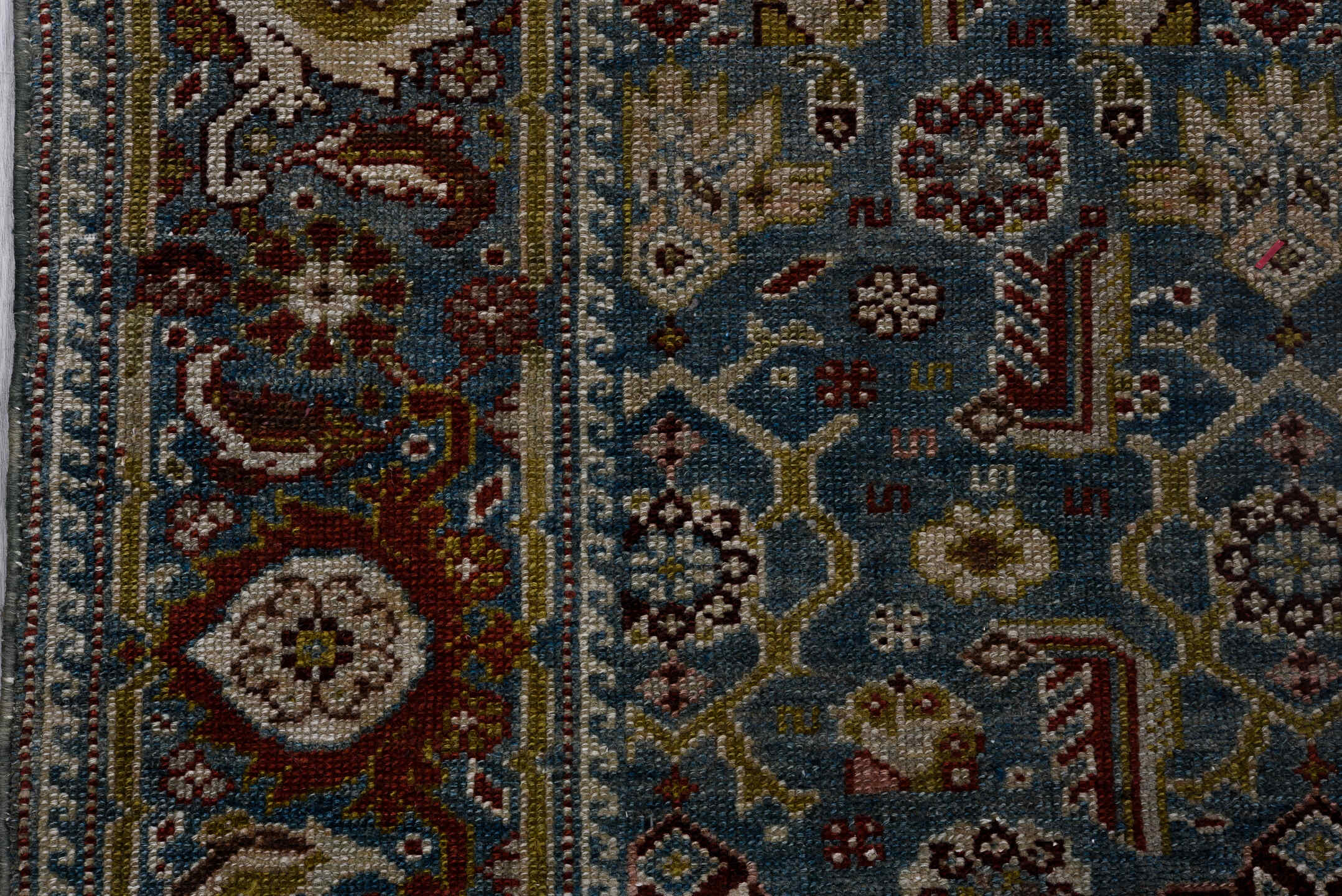 3' x 16' one-of-a-kind handmade vintage Malayer runner rug. Color palette: gray, blue, brown, light gray, black, dim gray