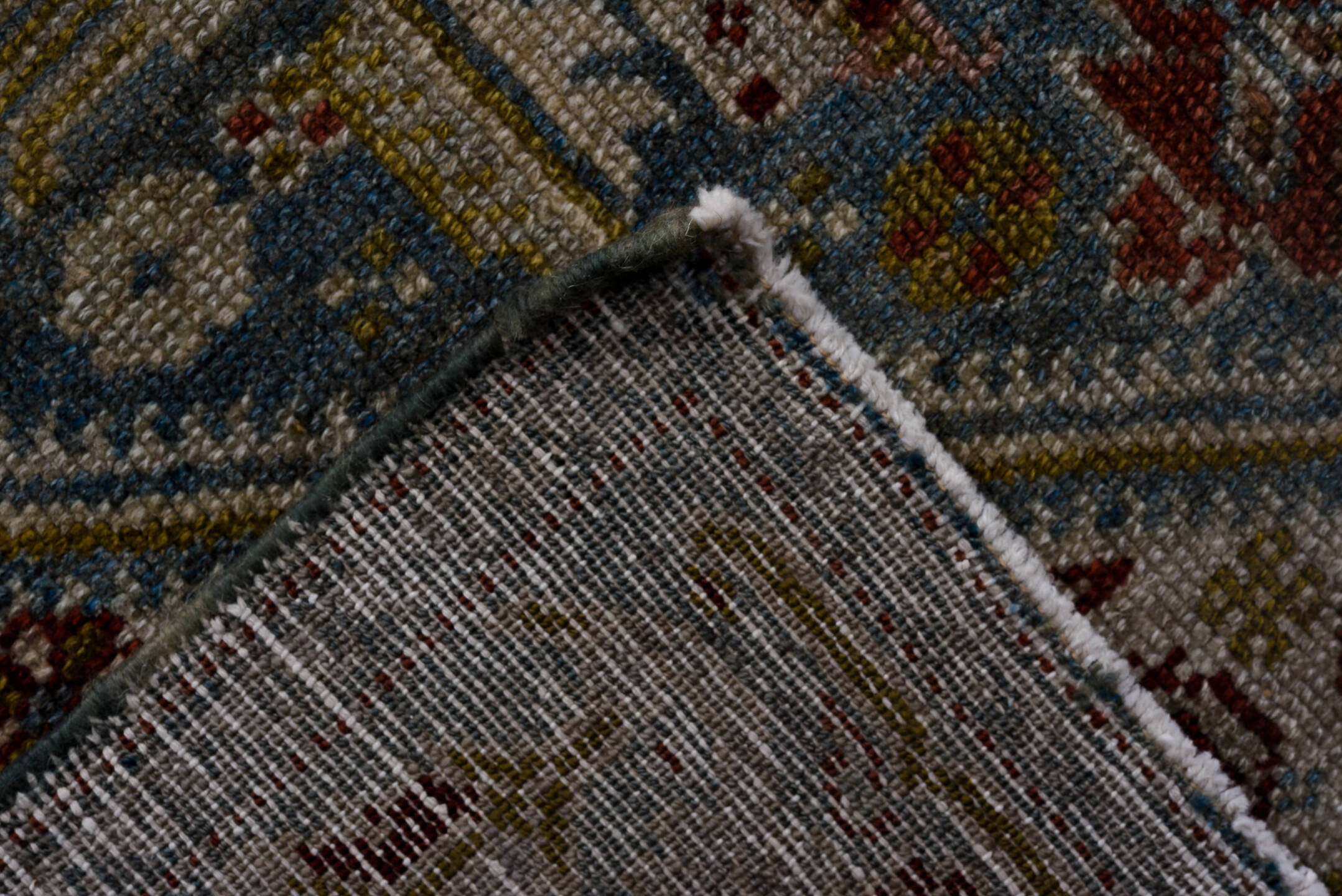 3' x 16' one-of-a-kind handmade vintage Malayer runner rug. Color palette: gray, blue, brown, light gray, black, dim gray