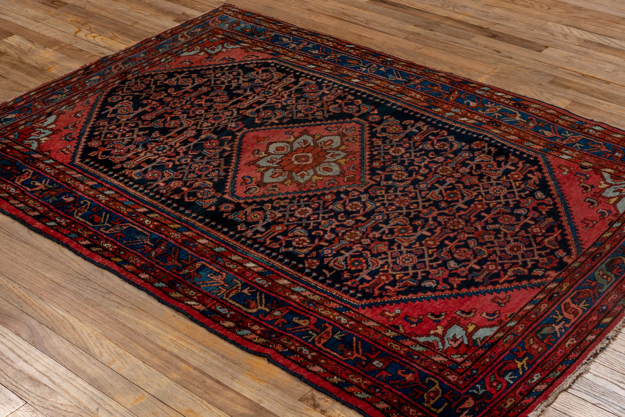 4' x 6' one-of-a-kind handmade vintage Malayer small size rug. Color palette: red, pink, brown, gray, blue, light gray