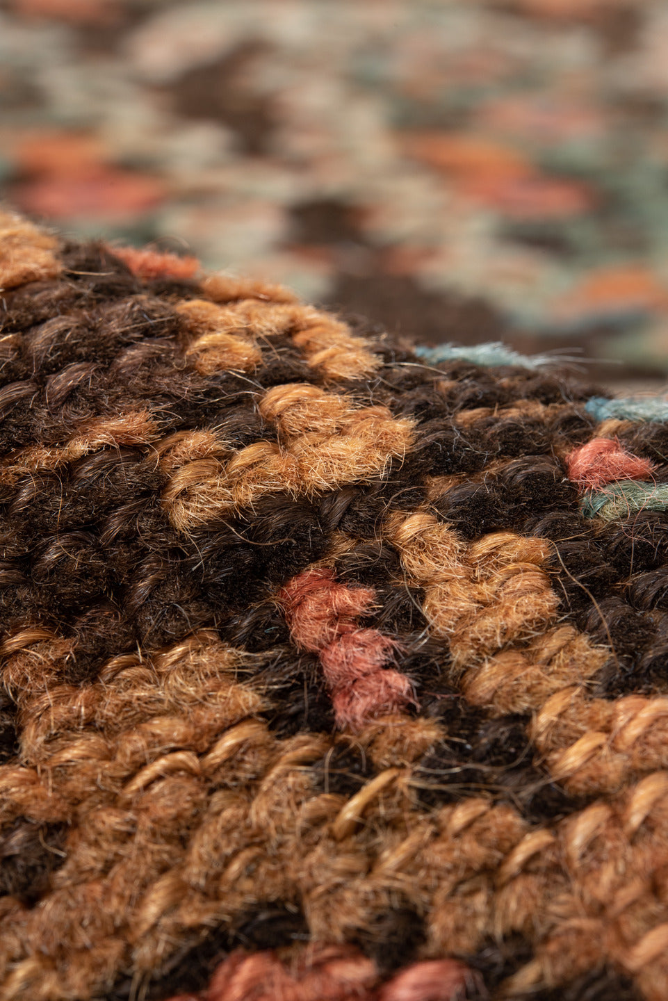 4' x 8' one-of-a-kind handmade vintage Kurd runner rug. Color palette: brown, gray, pink, light gray, black, blue