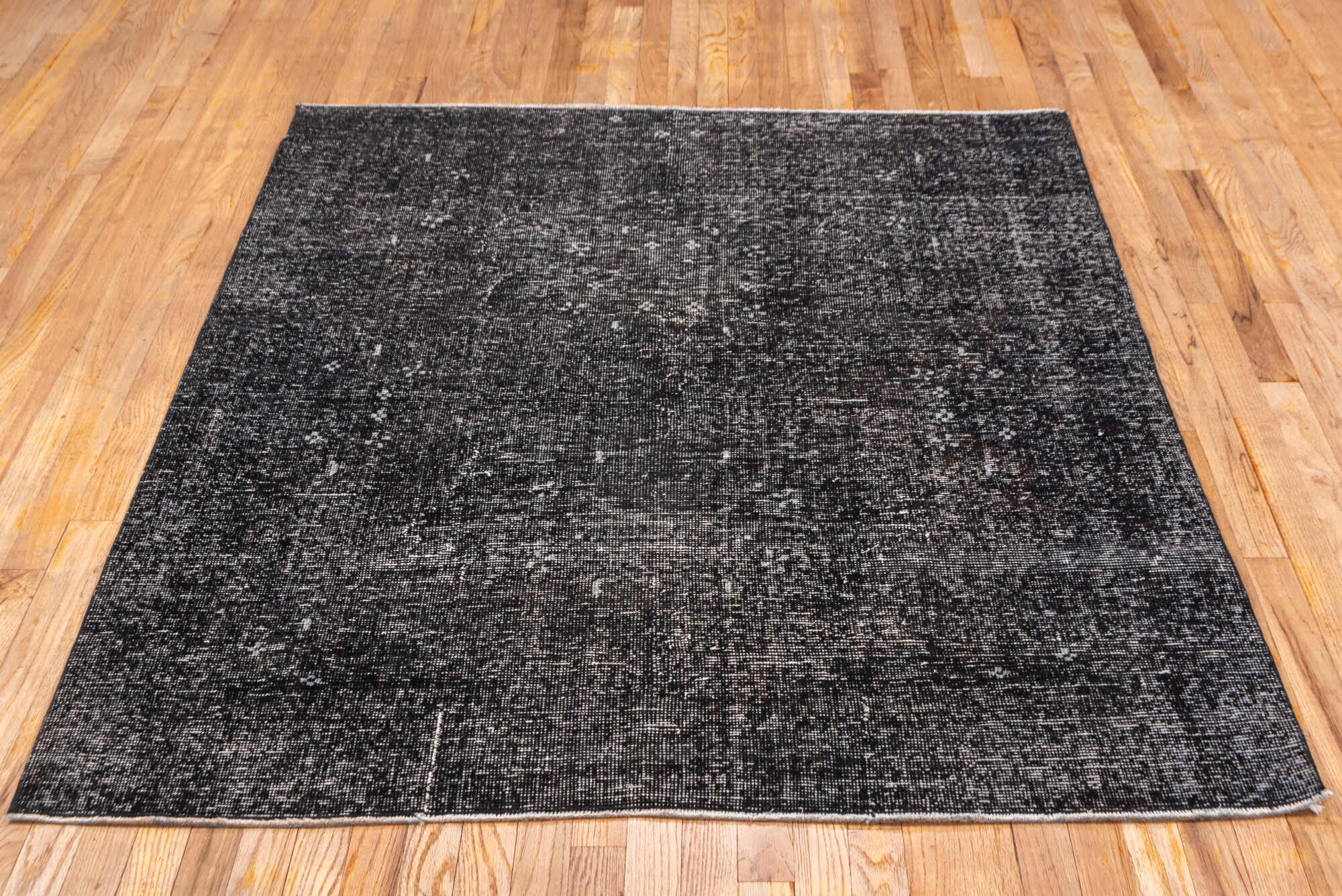 4' x 6' one-of-a-kind handmade vintage Overdyed small size rug. Color palette: gray, black, light gray, off-white, charcoal