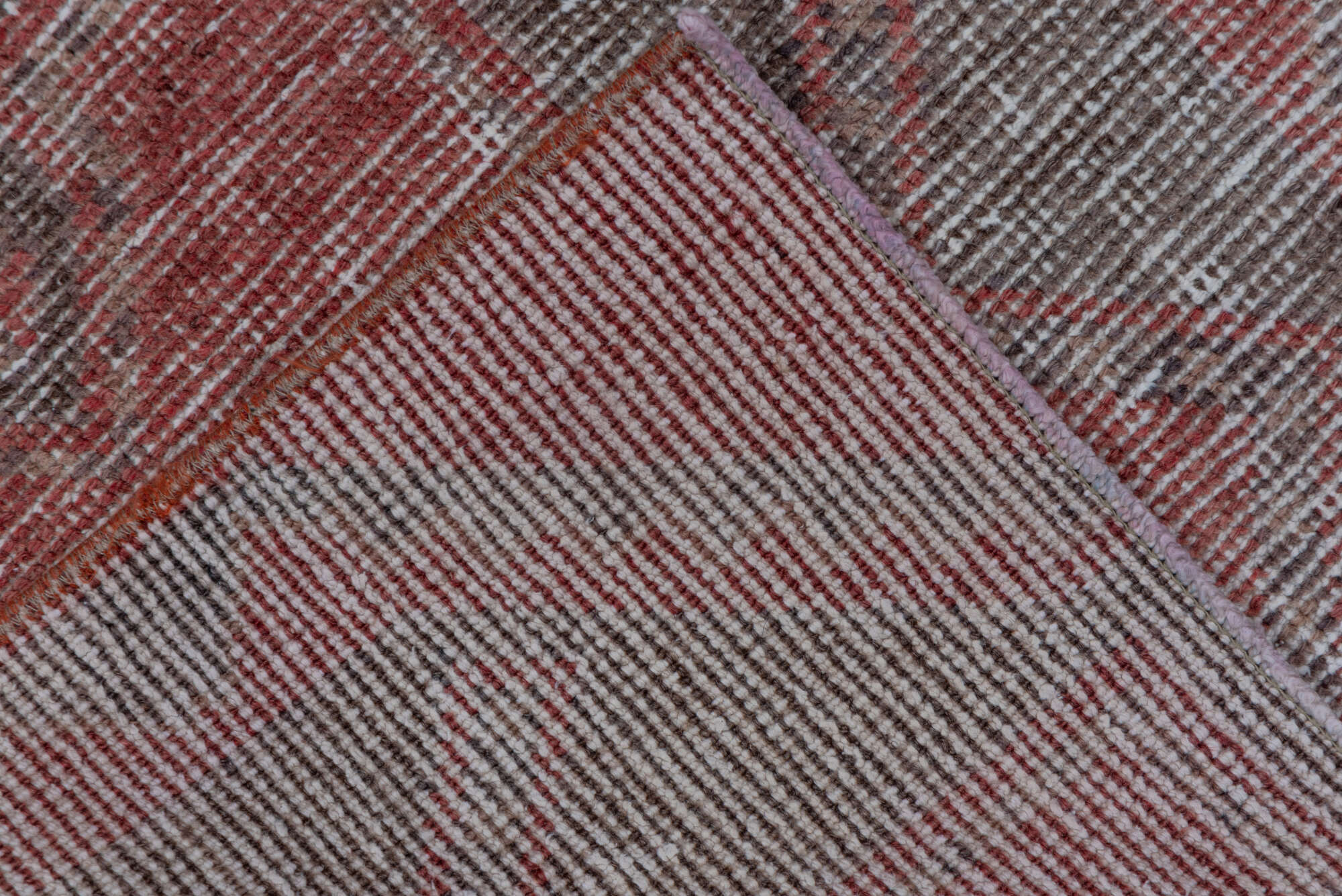 2' x 10' one-of-a-kind handmade vintage Oushak runner rug. Color palette: brown, gray, light gray, off-white, pink, red