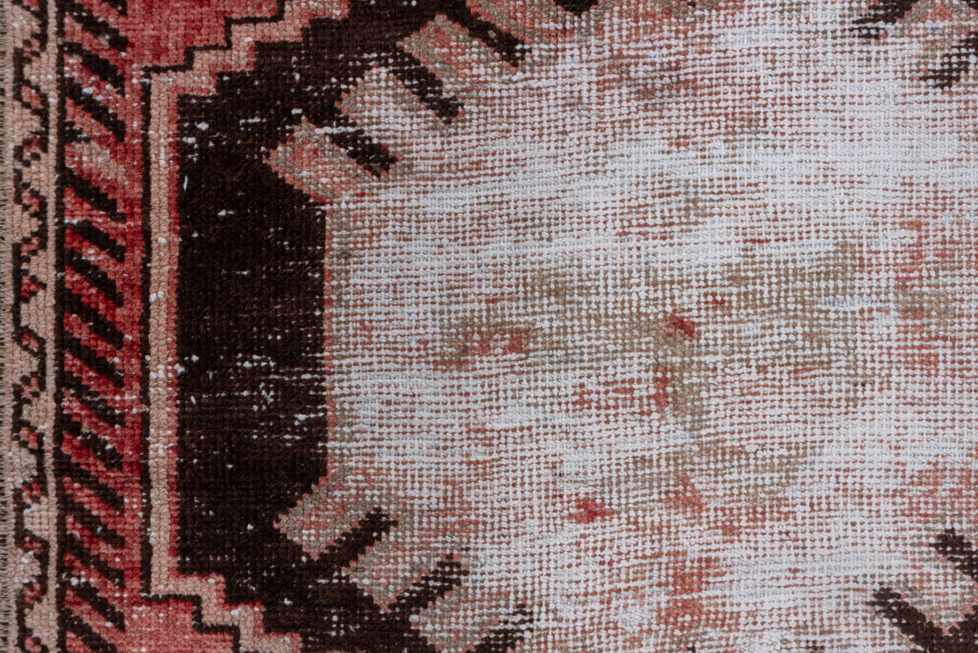 2' x 11' one-of-a-kind handmade vintage Oushak runner rug. Color palette: brown, gray, light gray, pink, red
