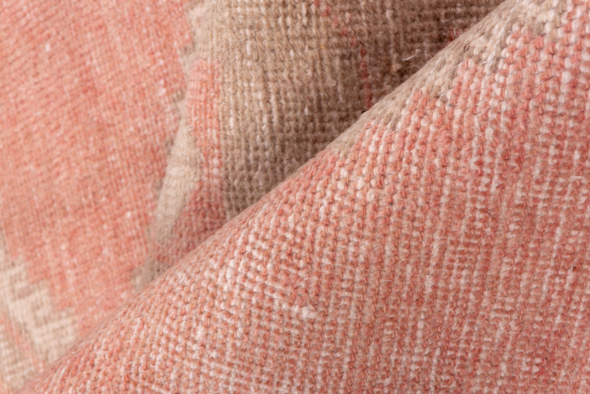 3' x 11' one-of-a-kind handmade vintage Oushak runner rug. Color palette: brown, off-white, orange, pink, snow, white