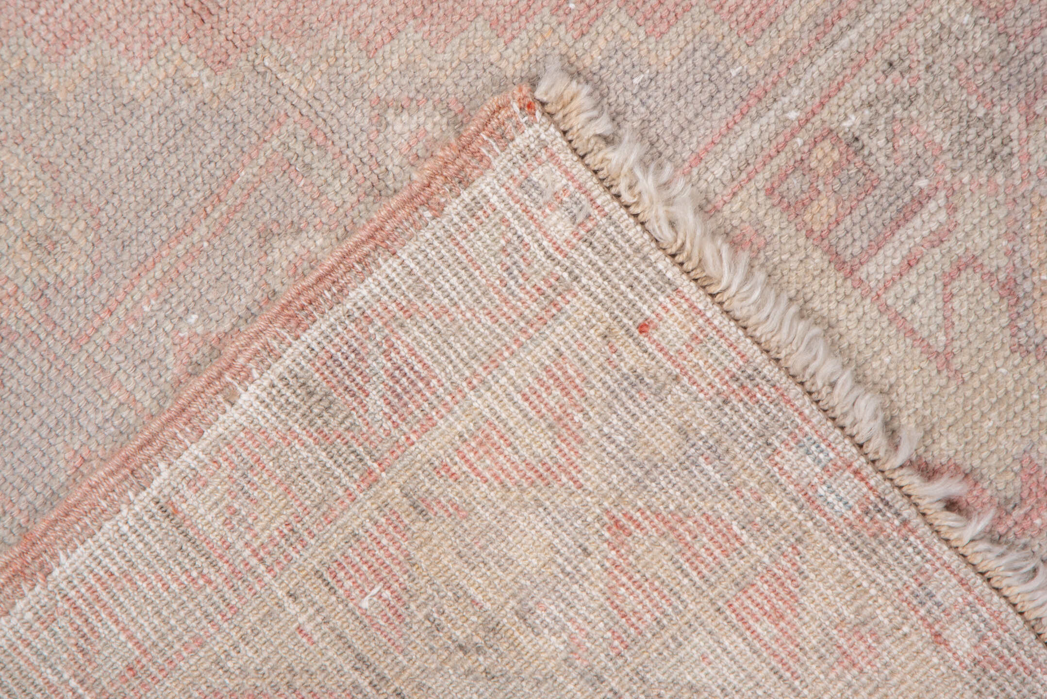 3' x 5' one-of-a-kind handmade vintage Oushak small size rug. Color palette: off-white, gray, pink, light gray, brown, white