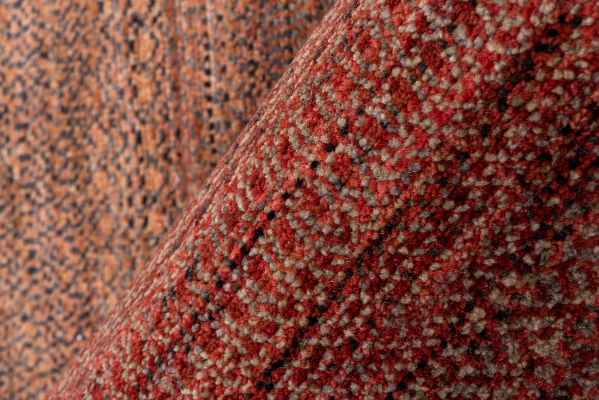 2' x 10' one-of-a-kind handmade vintage Gabbe runner rug. Color palette: brown, off-white, pink, red, redwood, snow, white