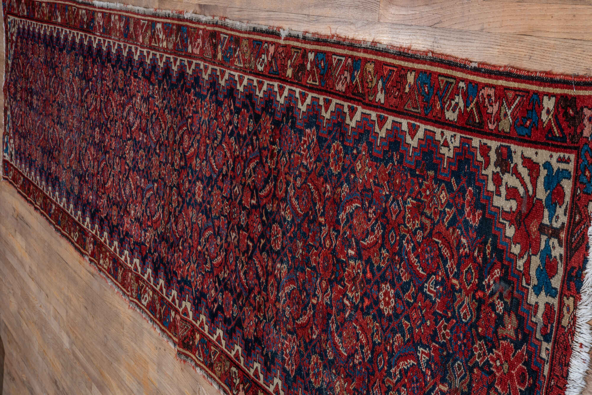 3' x 16' one-of-a-kind handmade vintage Malayer runner rug. Color palette: black, blue, brown, gray, pink, red, redwood