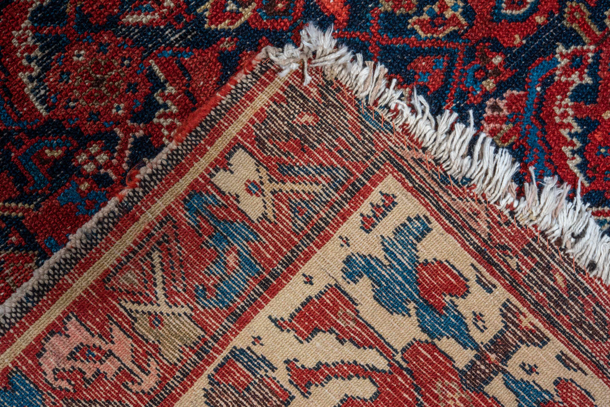 3' x 16' one-of-a-kind handmade vintage Malayer runner rug. Color palette: black, blue, brown, gray, pink, red, redwood