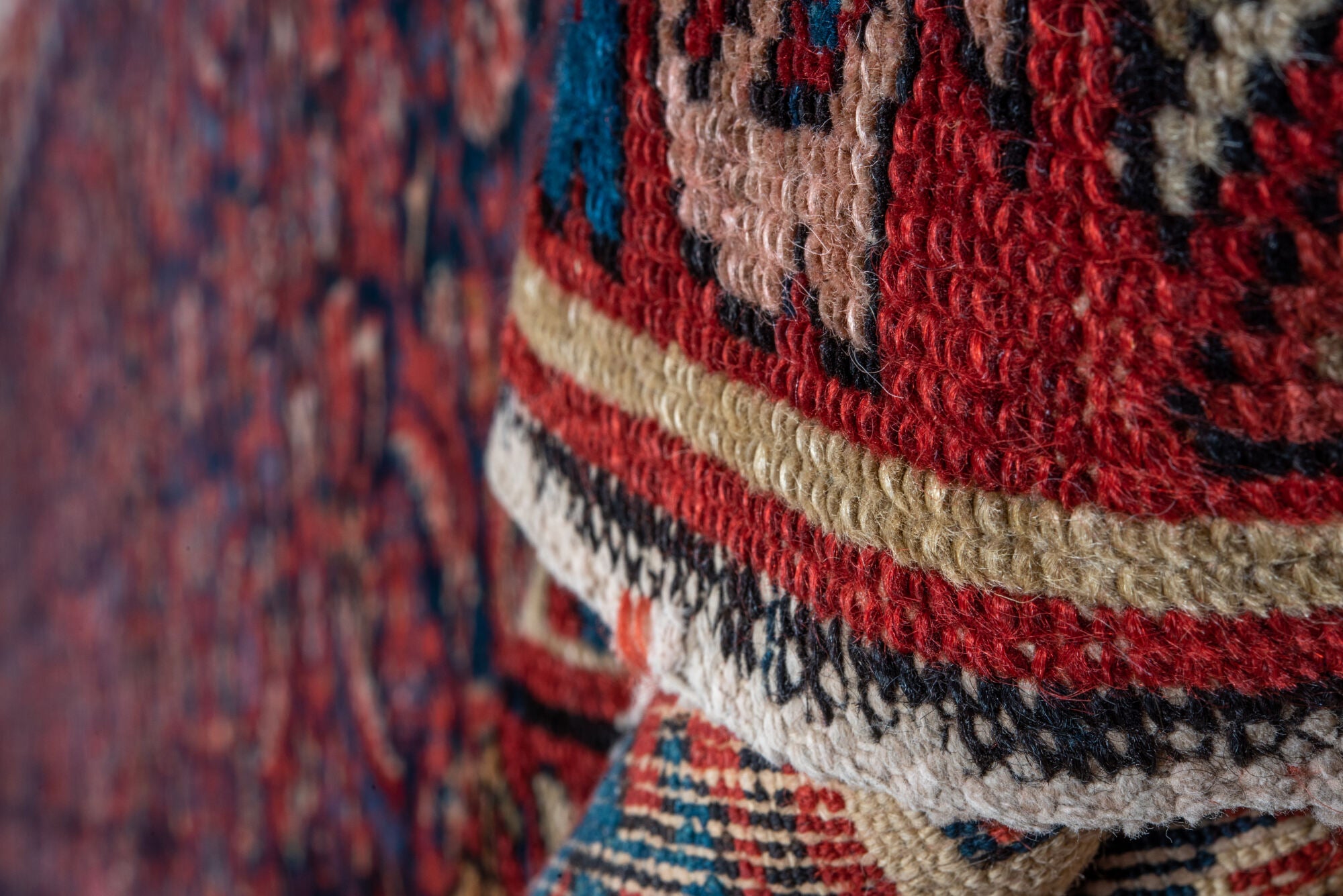 3' x 16' one-of-a-kind handmade vintage Malayer runner rug. Color palette: black, blue, brown, gray, pink, red, redwood