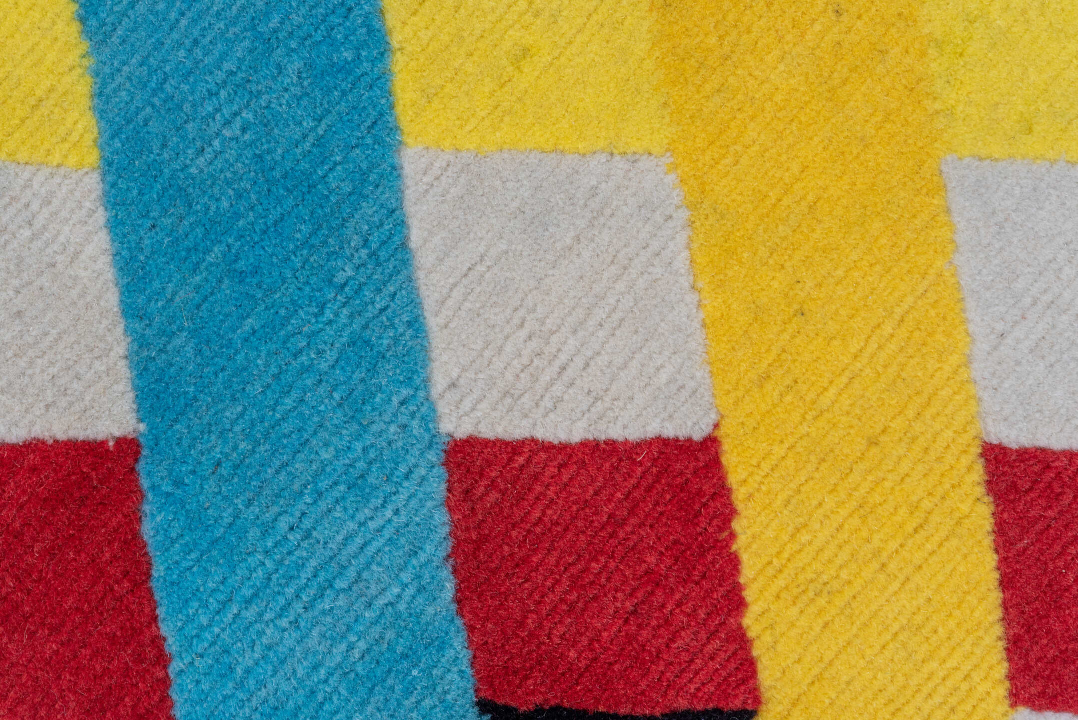 6' x 9' one-of-a-kind handmade vintage medium size rug. Color palette: blue, black, pink, yellow, gray, off-white, red