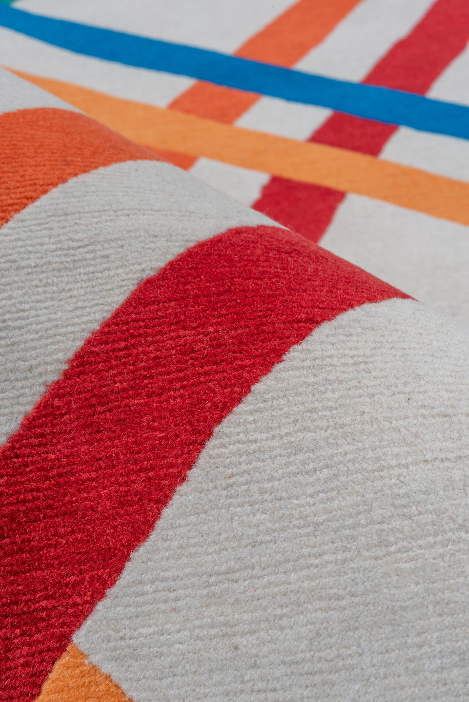 6' x 9' one-of-a-kind handmade vintage medium size rug. Color palette: blue, black, pink, yellow, gray, off-white, red