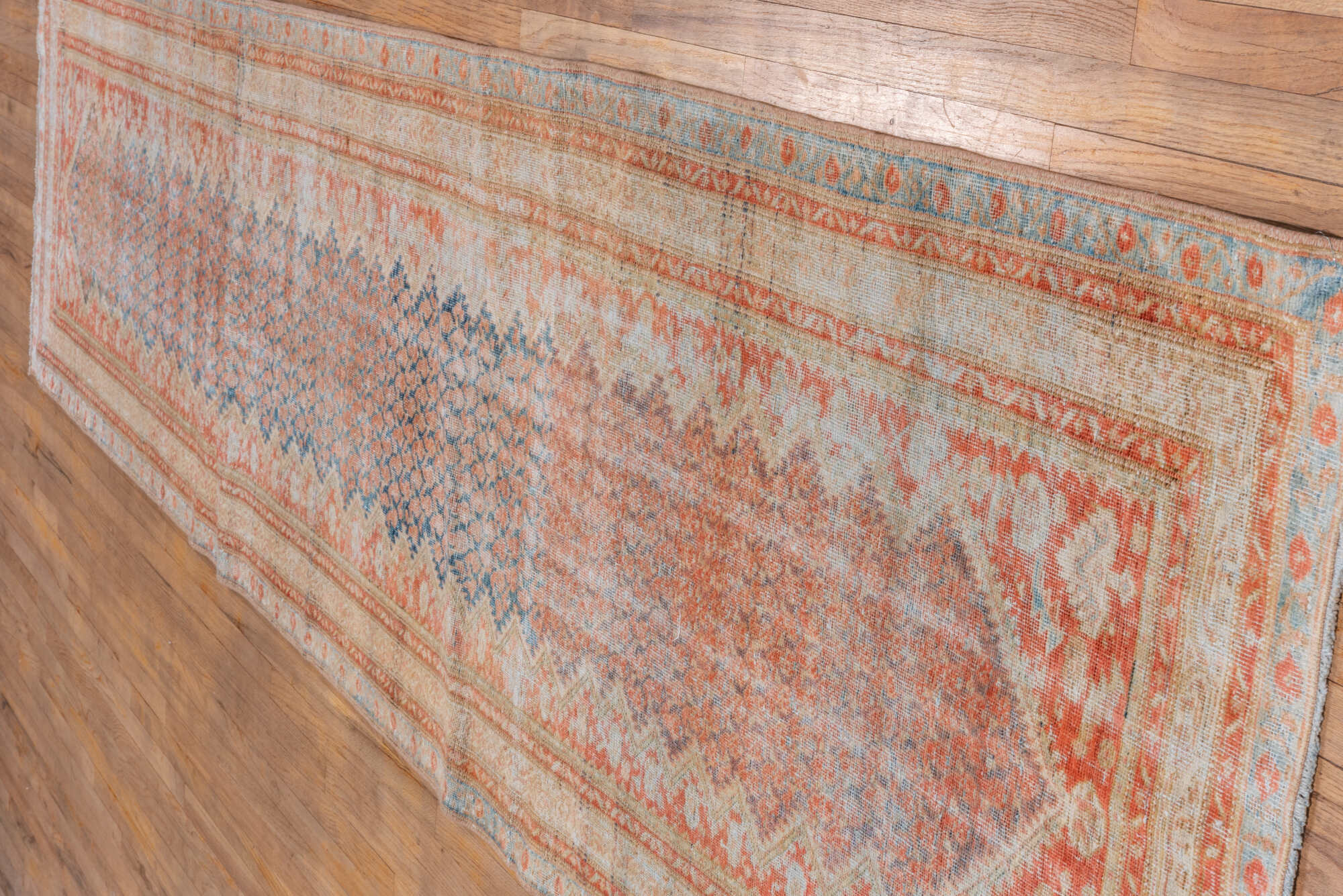 3' x 13' one-of-a-kind handmade vintage Mahal runner rug. Color palette: gray, pink, light gray, off-white, brown, silver