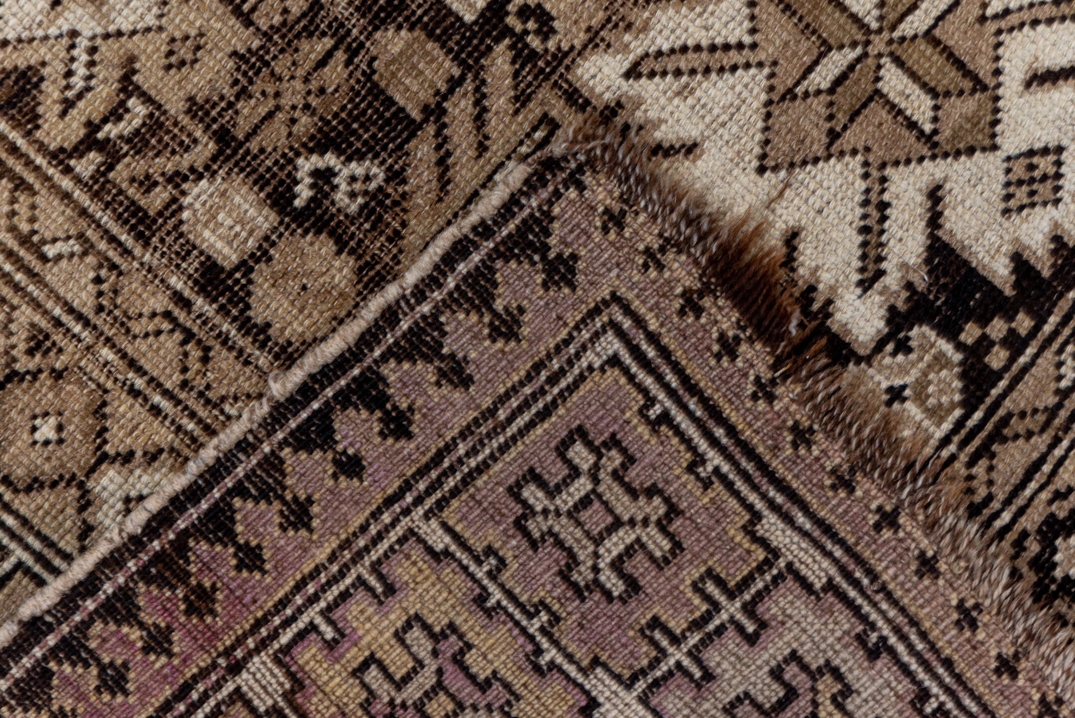 3' x 4' one-of-a-kind handmade vintage Shirvan small size rug. Color palette: brown, pink, gray, light gray, black