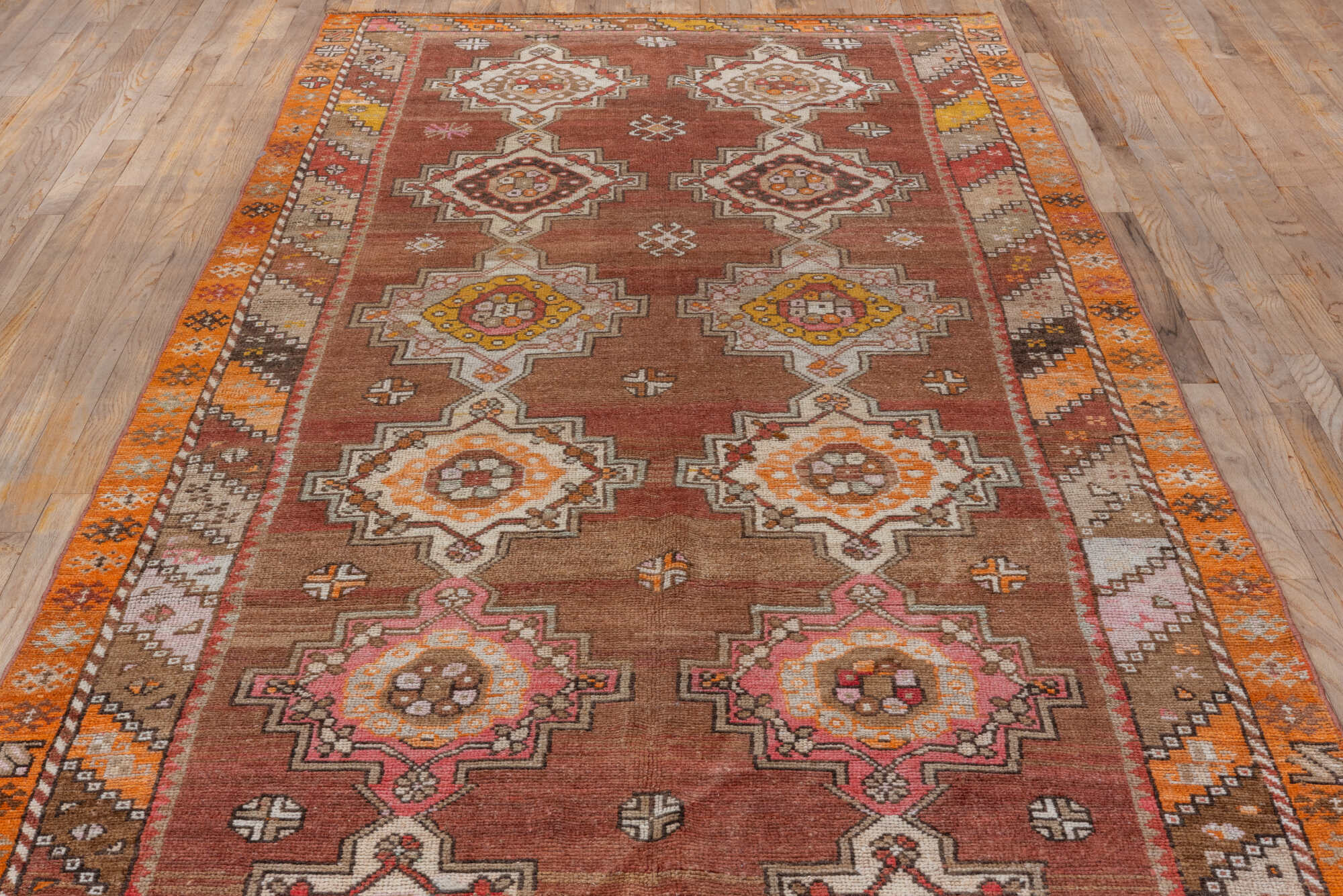 5' x 12' one-of-a-kind handmade vintage Kars runner rug. Color palette: brown, gray, pink