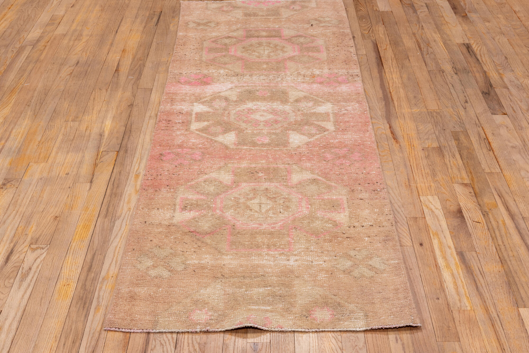 2' x 8' one-of-a-kind handmade vintage Oushak runner rug. Color palette: brown, light gray, off-white, orange, pink, snow
