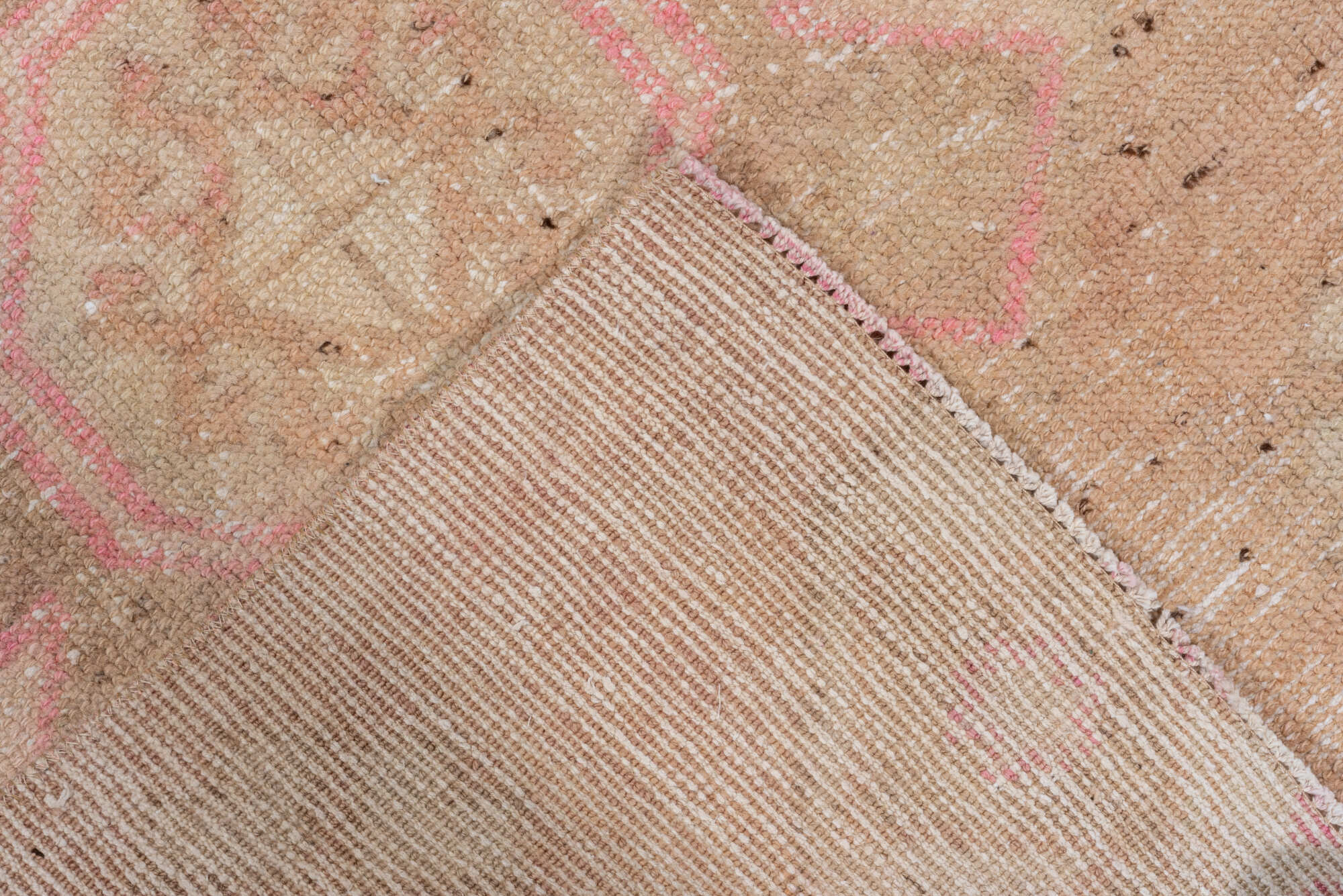 2' x 8' one-of-a-kind handmade vintage Oushak runner rug. Color palette: brown, light gray, off-white, orange, pink, snow