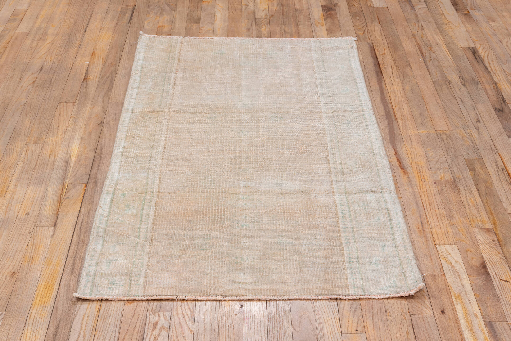 2' x 5' one-of-a-kind handmade vintage Oushak small size rug. Color palette: off-white, pink, brown, gray, light gray