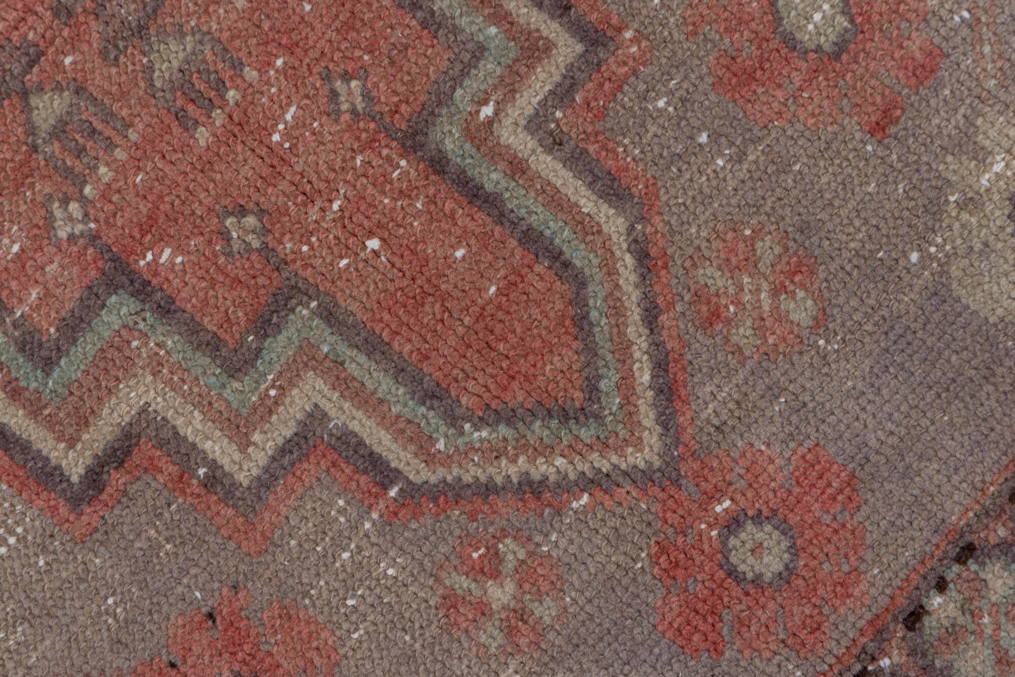 3' x 6' one-of-a-kind handmade vintage Oushak small size rug. Color palette: brown, gray, off-white, pink, snow, white