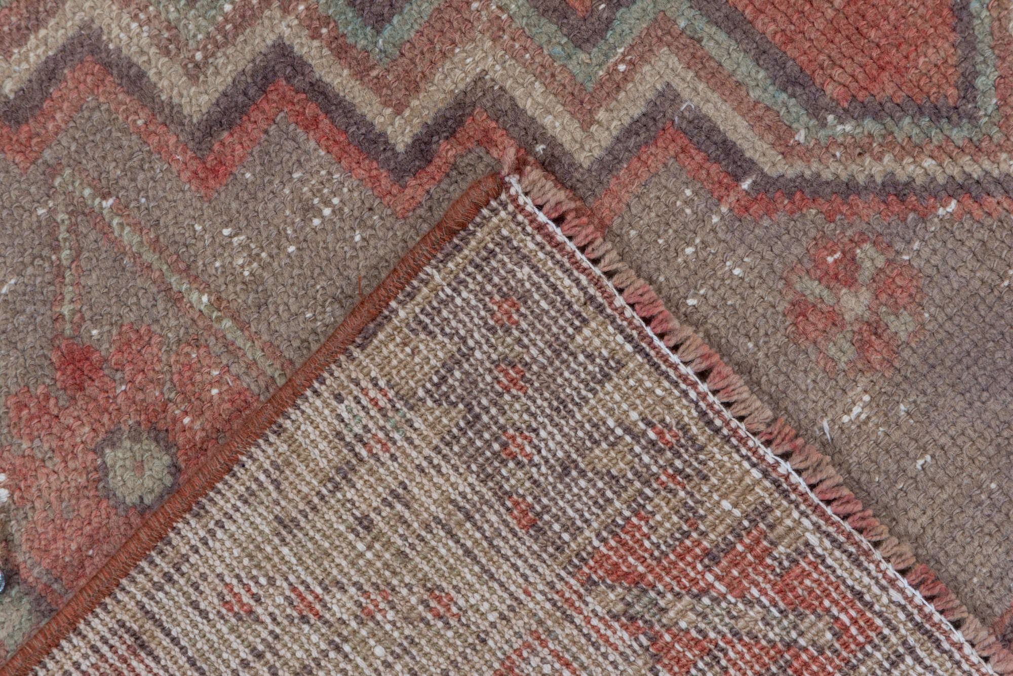 3' x 6' one-of-a-kind handmade vintage Oushak small size rug. Color palette: brown, gray, off-white, pink, snow, white