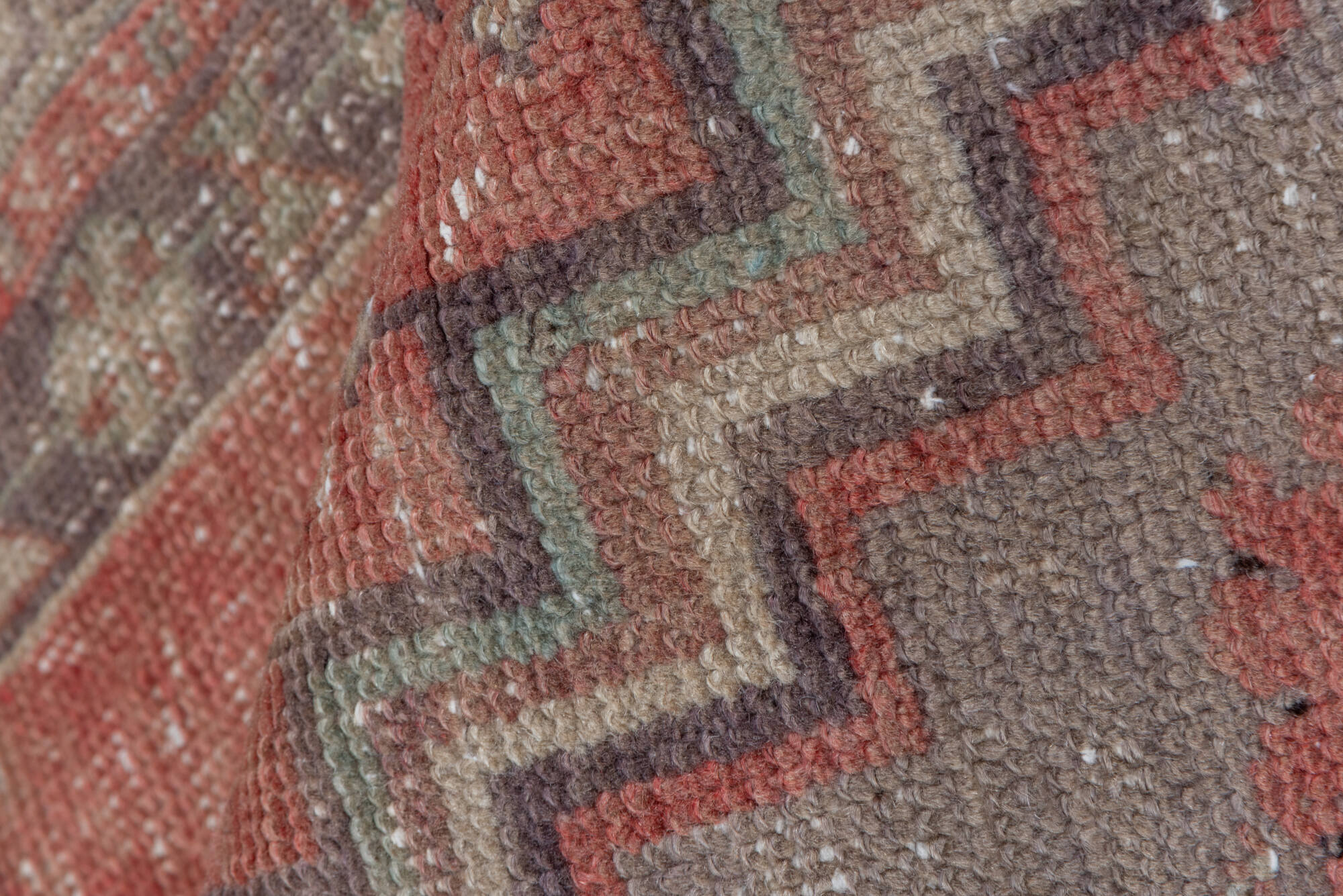 3' x 6' one-of-a-kind handmade vintage Oushak small size rug. Color palette: brown, gray, off-white, pink, snow, white