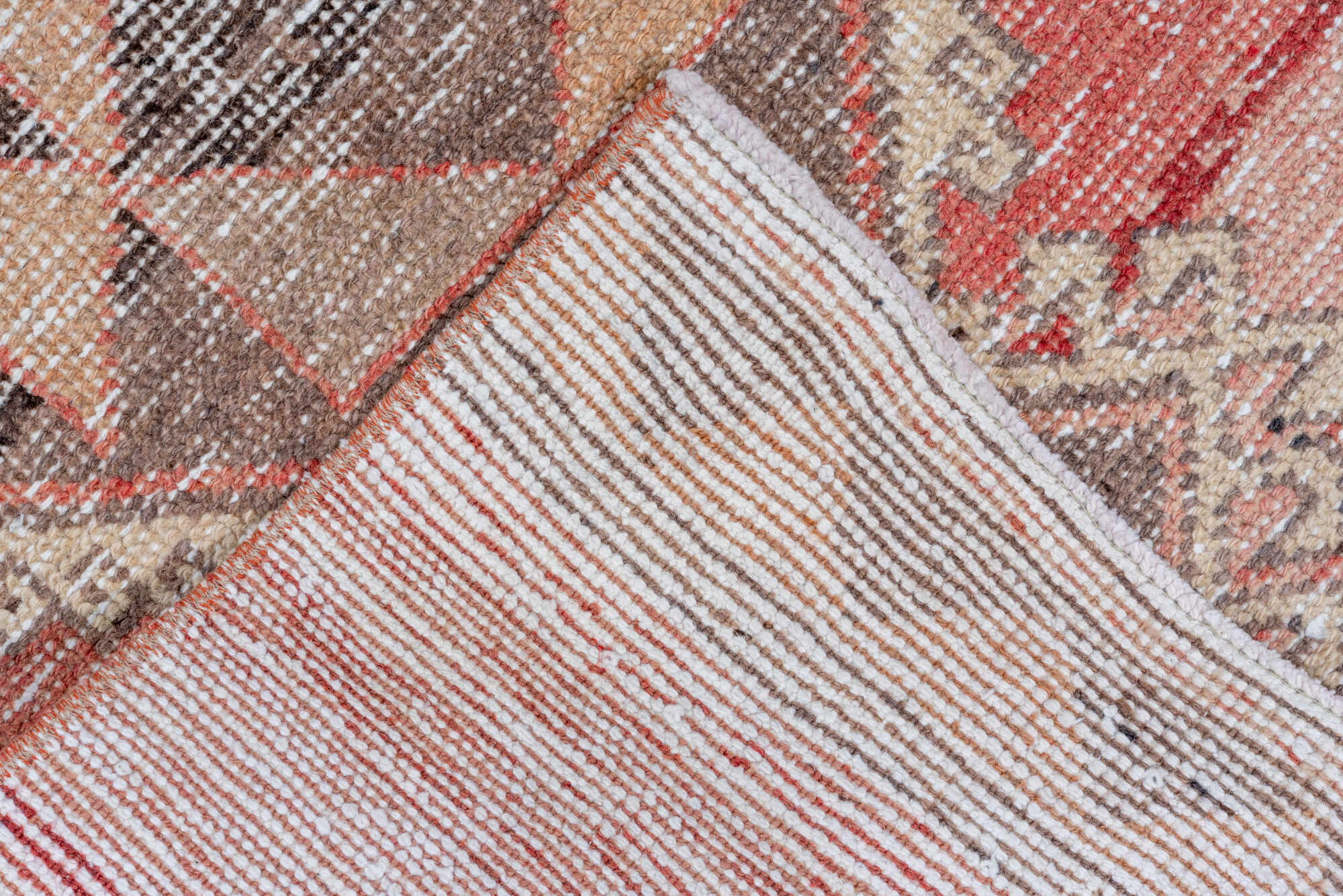 2' x 12' one-of-a-kind handmade vintage Oushak runner rug. Color palette: brown, gray, light gray, pink