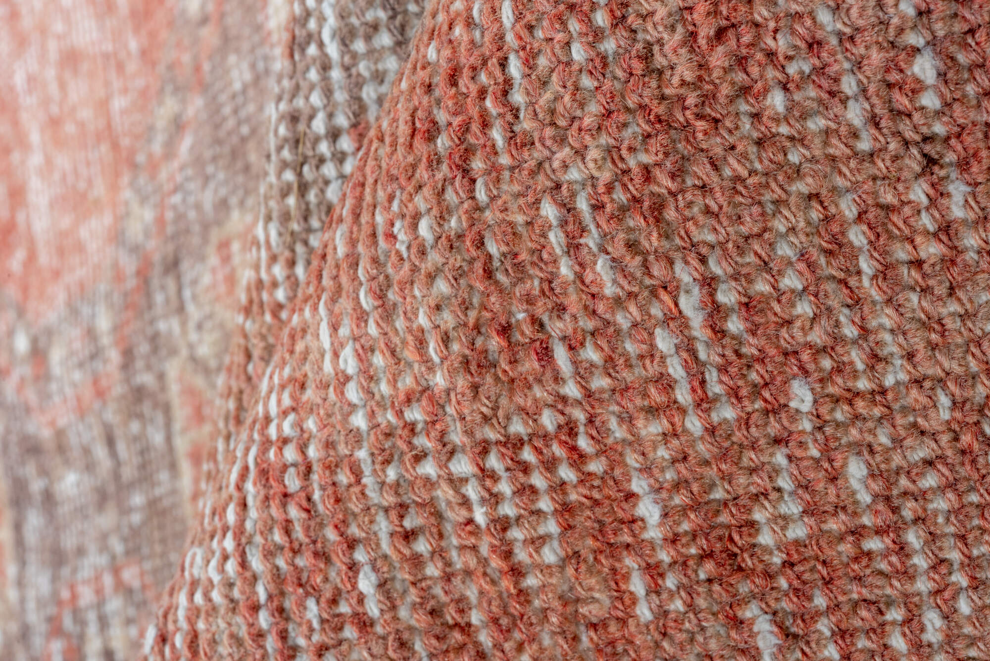 2' x 10' one-of-a-kind handmade vintage Oushak runner rug. Color palette: pink, off-white, orange, brown, white, snow