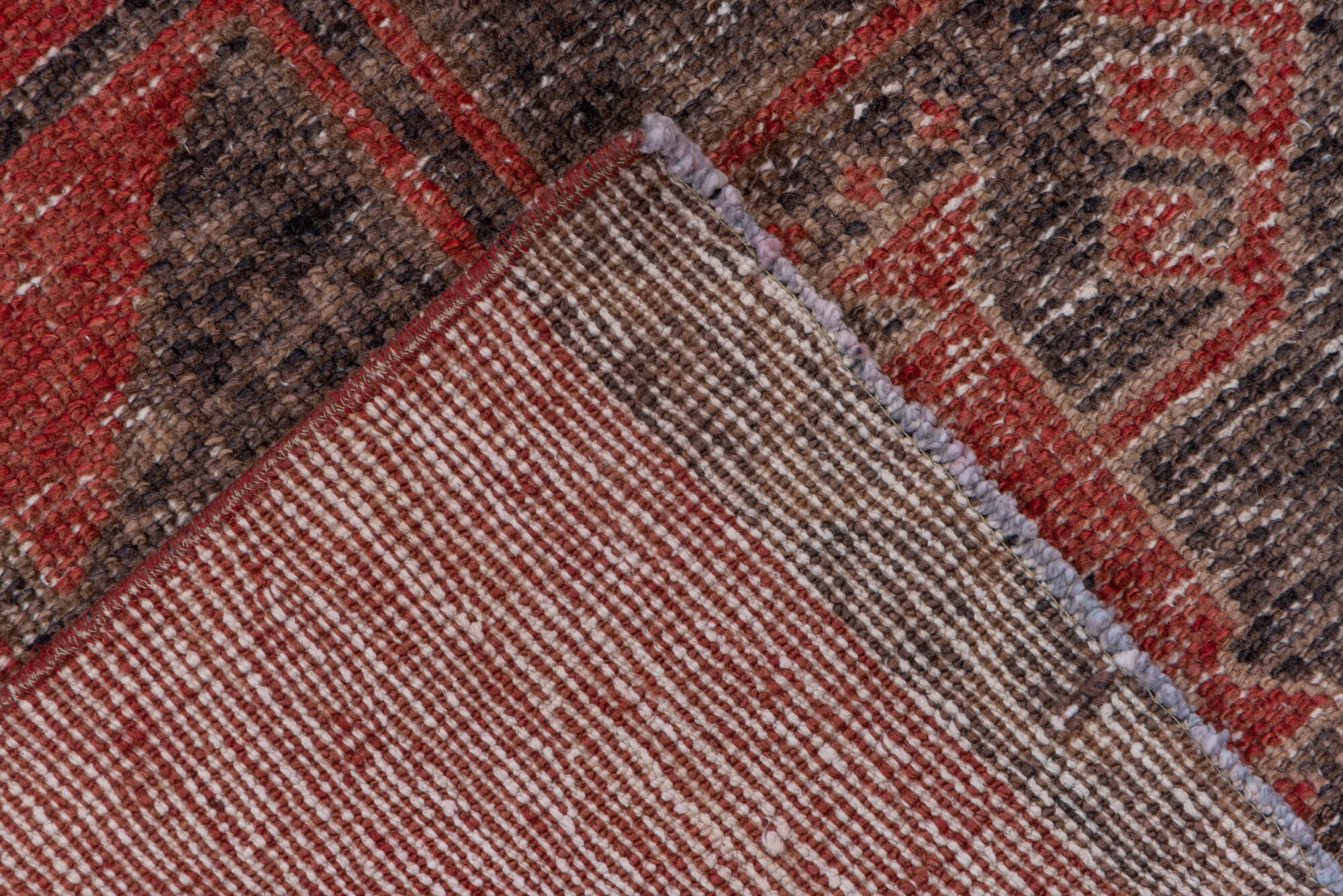 3' x 12' one-of-a-kind handmade vintage Oushak runner rug. Color palette: brown, gray, pink, red