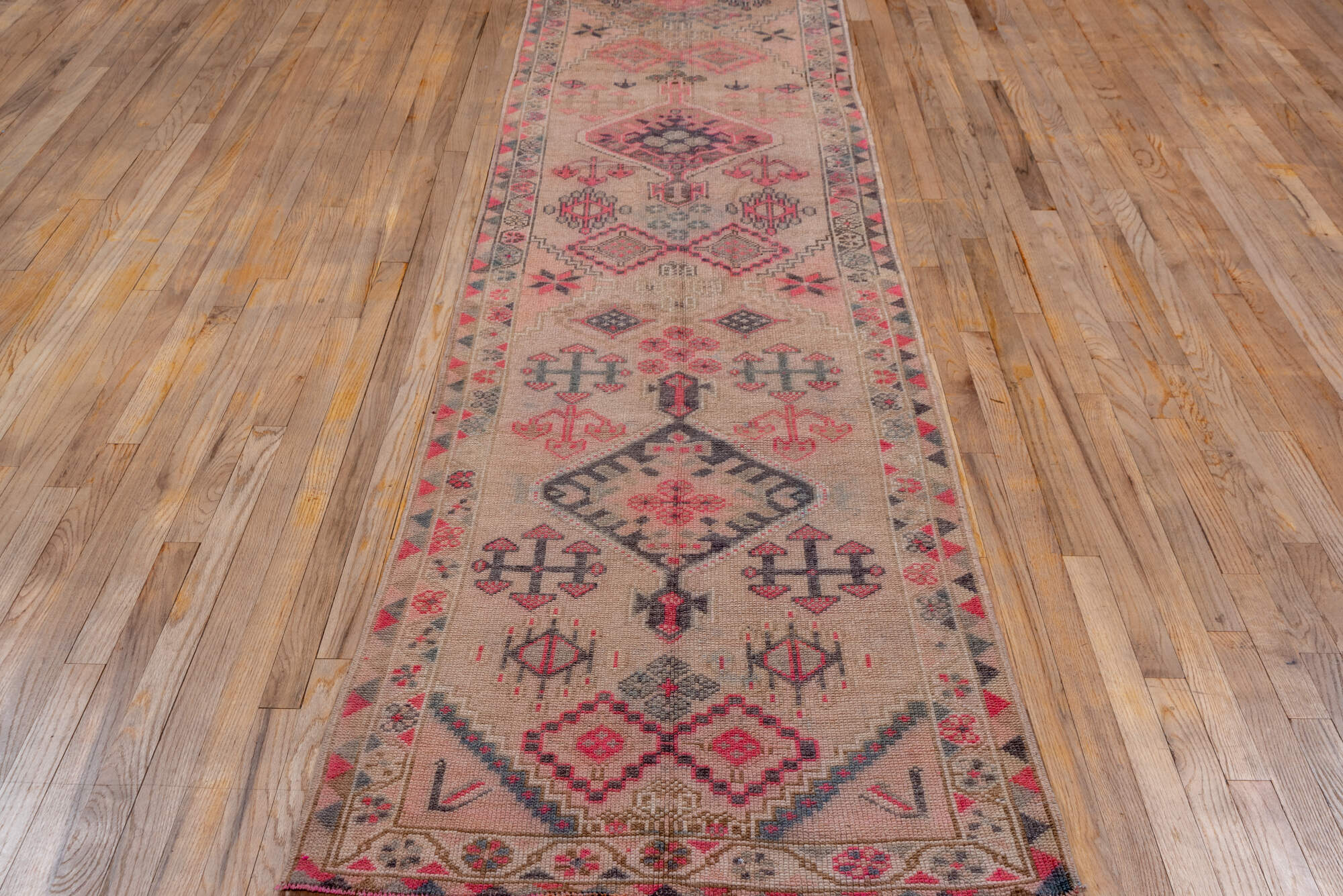 2' x 12' one-of-a-kind handmade vintage Oushak runner rug. Color palette: brown, gray, light gray, off-white, pink, red