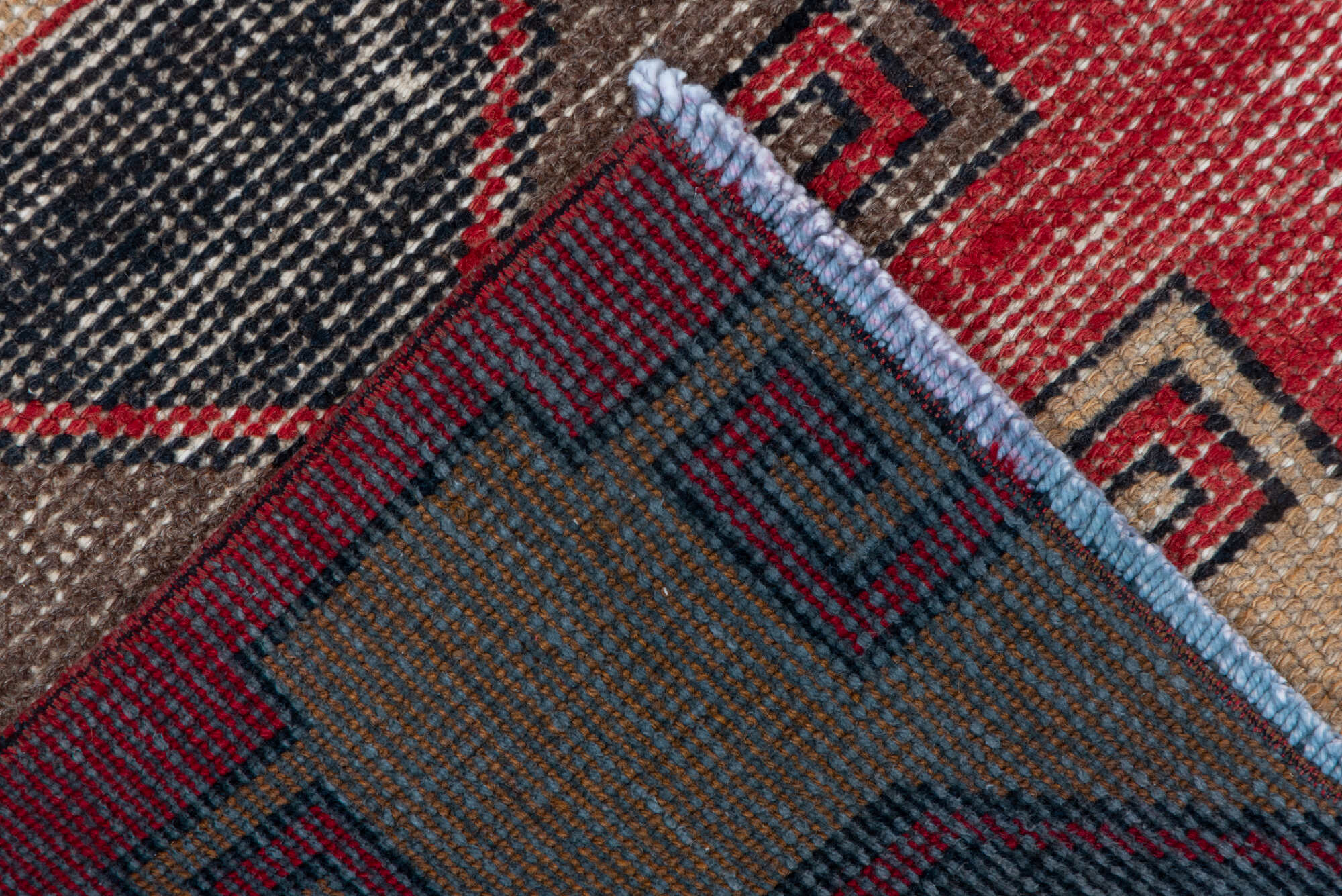 2' x 7' one-of-a-kind handmade vintage Oushak runner rug. Color palette: black, brown, gray, indian red, orange, pink, red