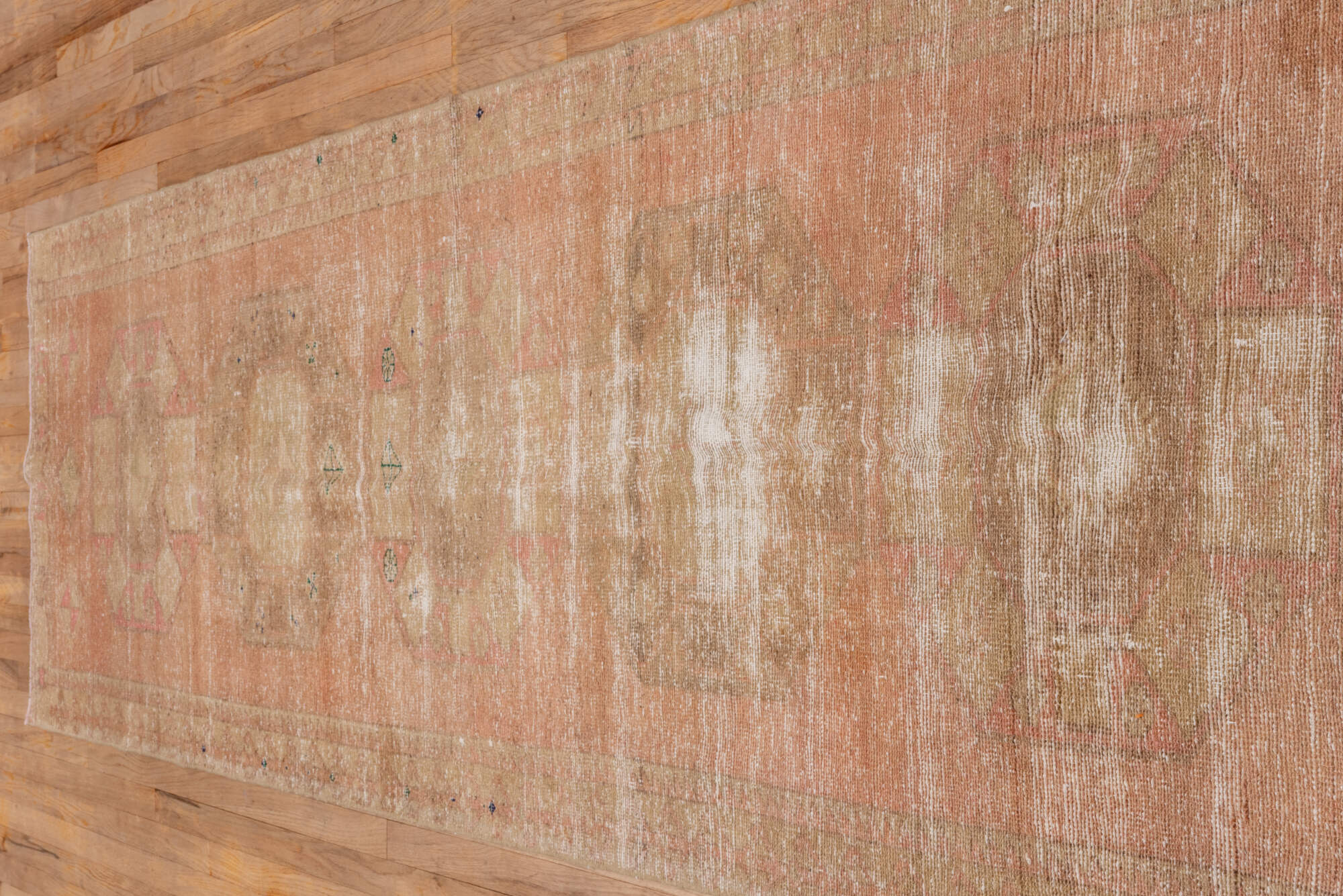 3' x 11' one-of-a-kind handmade vintage Oushak runner rug. Color palette: brown, gray, light gray, off-white, pink, snow
