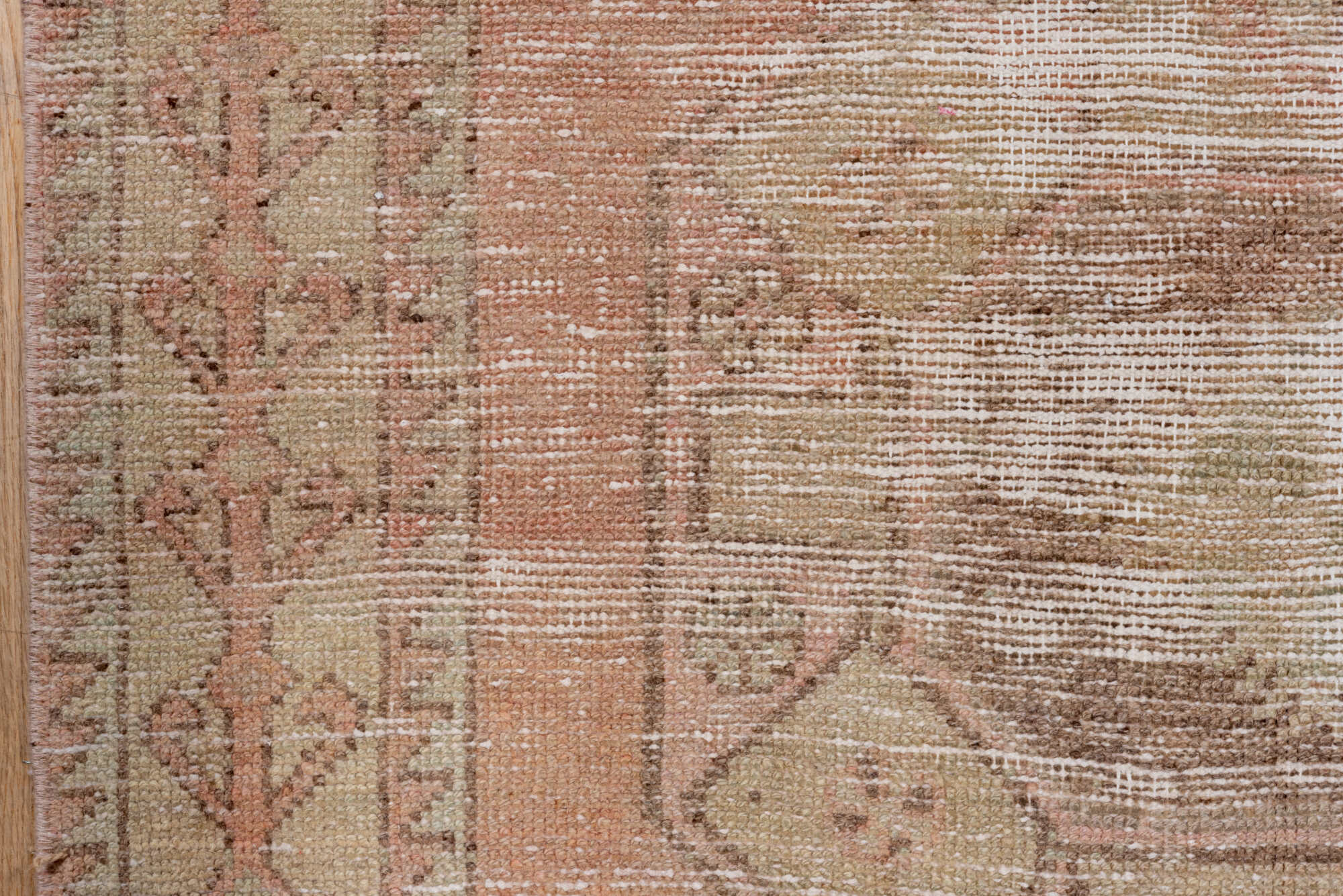 3' x 11' one-of-a-kind handmade vintage Oushak runner rug. Color palette: brown, gray, off-white, orange, pink, snow, white