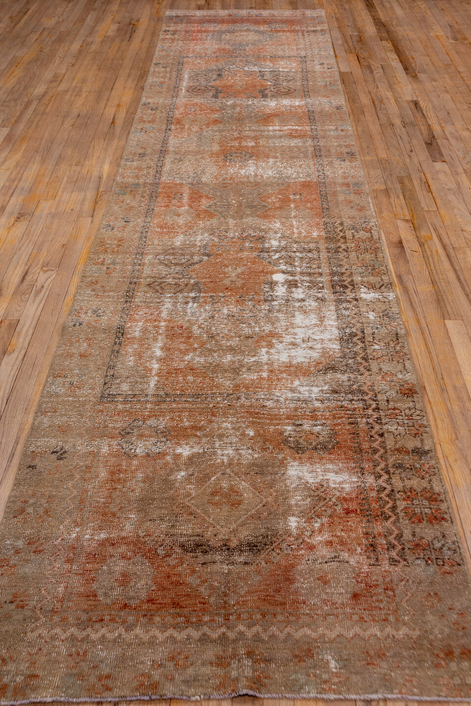 3' x 15' one-of-a-kind handmade vintage Oushak runner rug. Color palette: brown, pink, light gray, off-white, gray, orange