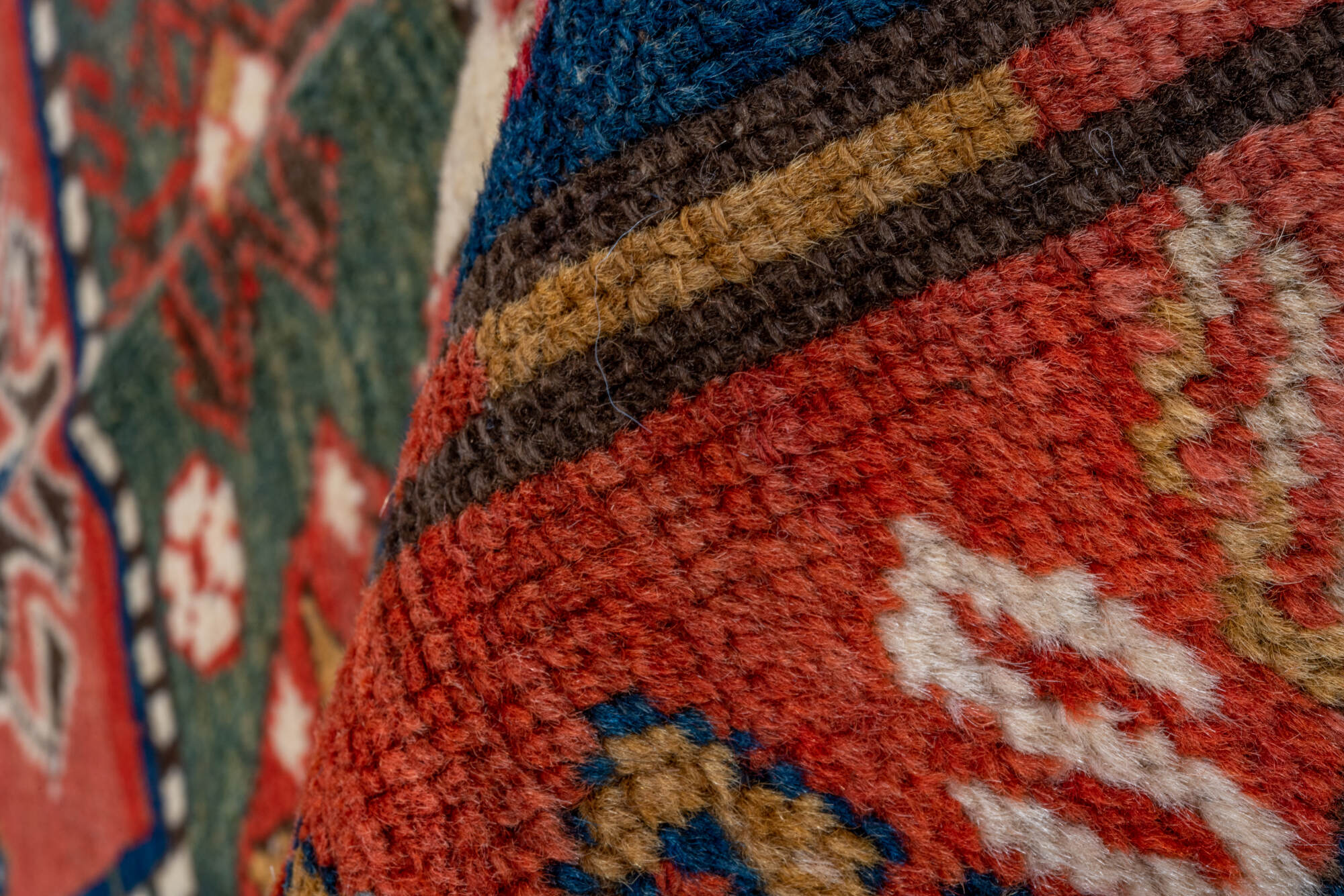 4' x 6' one-of-a-kind handmade vintage Kazak small size rug. Color palette: blue, brown, gray, pink, red