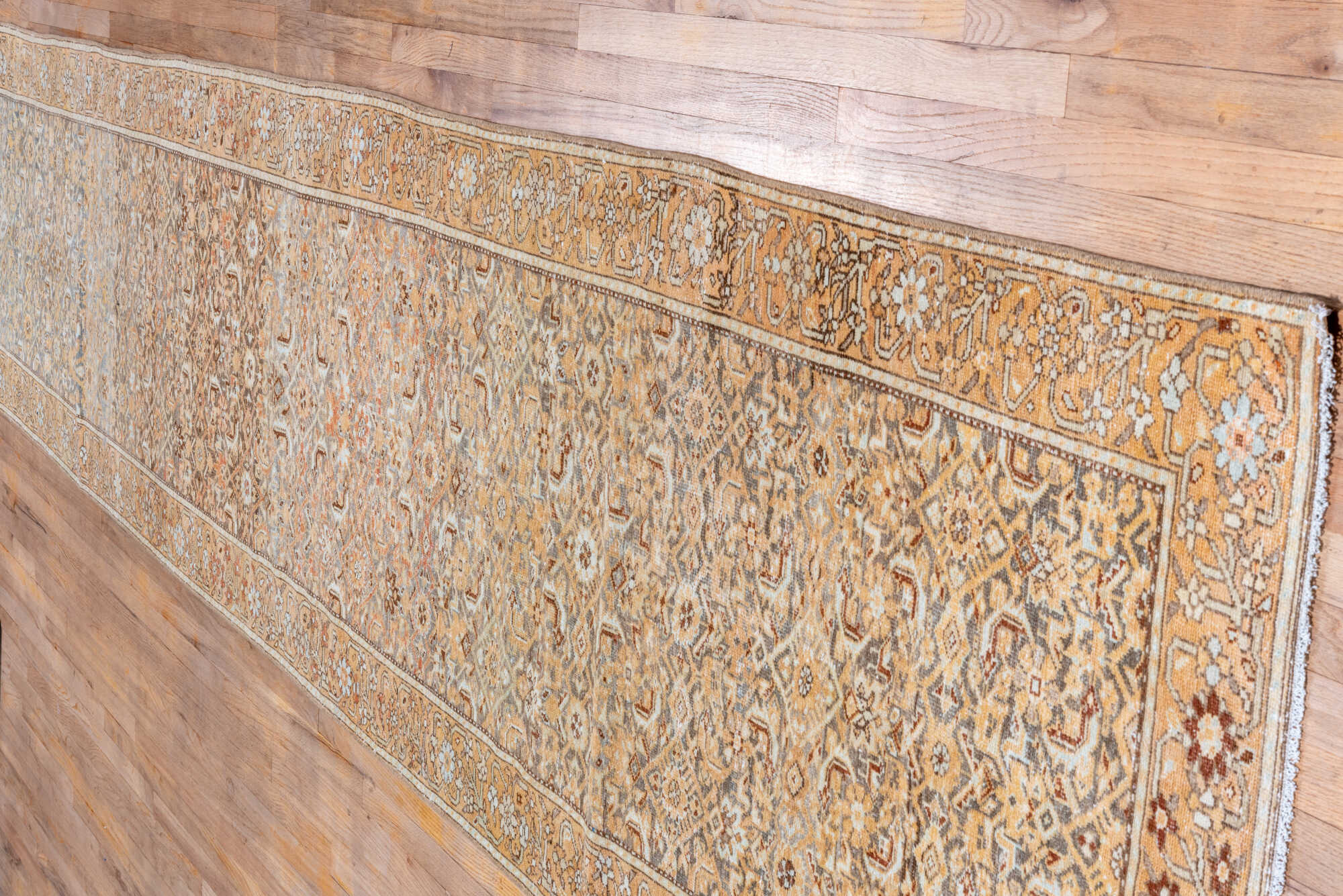 3' x 16' one-of-a-kind handmade vintage Malayer runner rug. Color palette: brown, gray, light gray, off-white, orange, pink