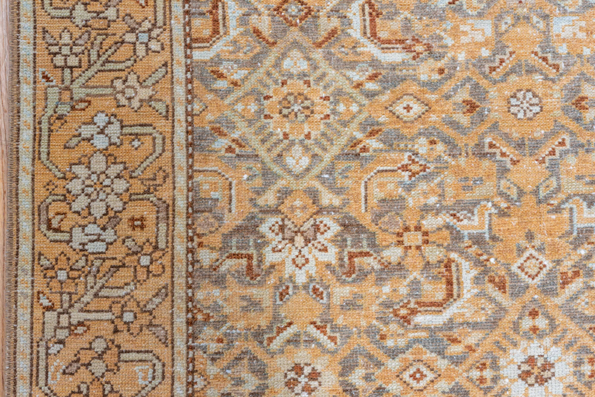 3' x 16' one-of-a-kind handmade vintage Malayer runner rug. Color palette: brown, gray, light gray, off-white, orange, pink