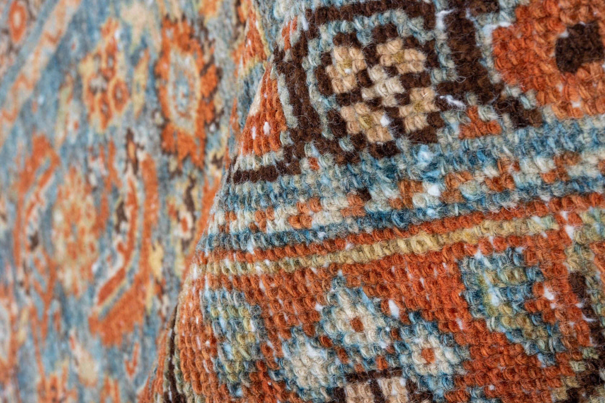 3' x 9' one-of-a-kind handmade vintage Malayer runner rug. Color palette: gray, brown, pink, light gray, off-white, blue