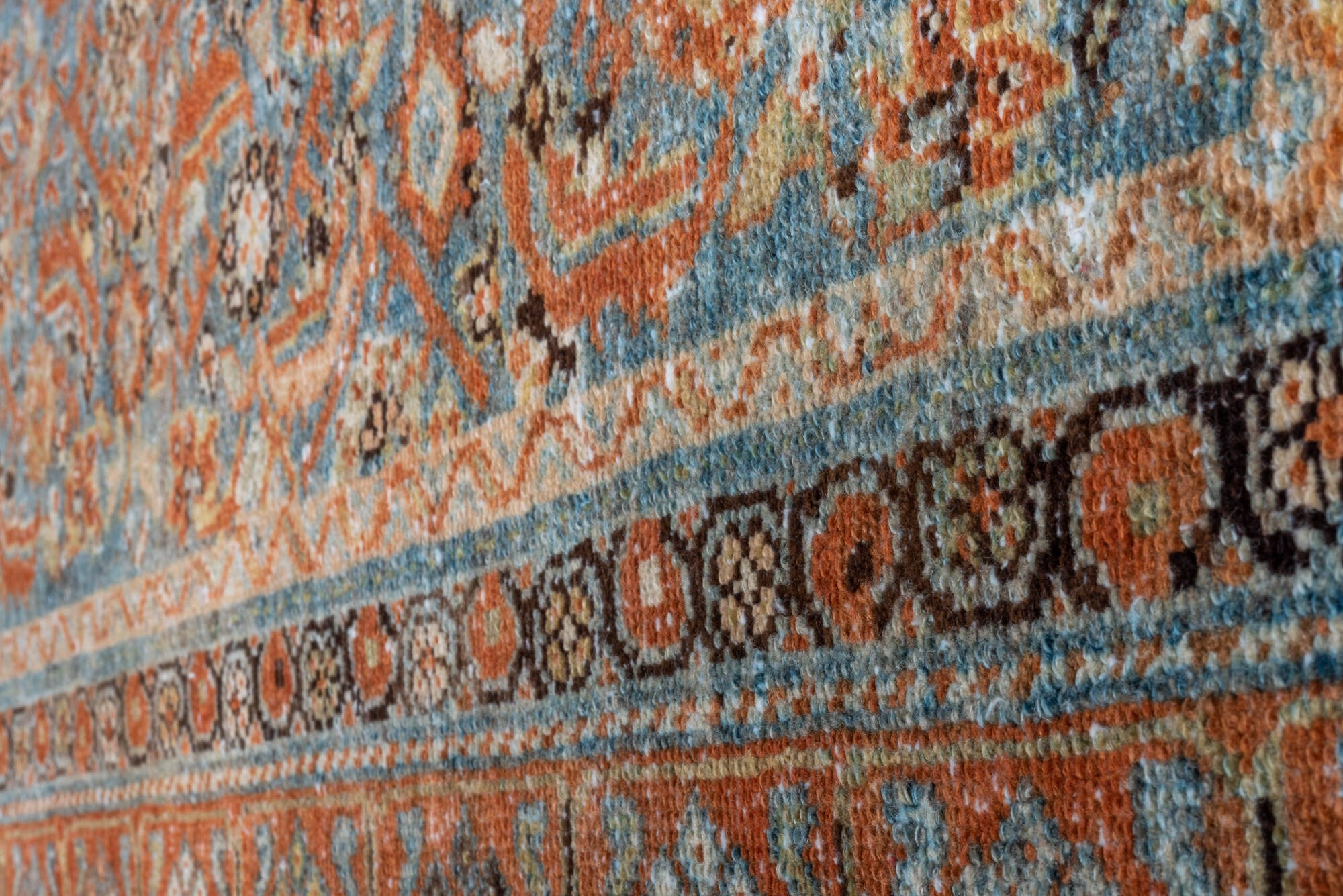 3' x 9' one-of-a-kind handmade vintage Malayer runner rug. Color palette: gray, brown, pink, light gray, off-white, blue