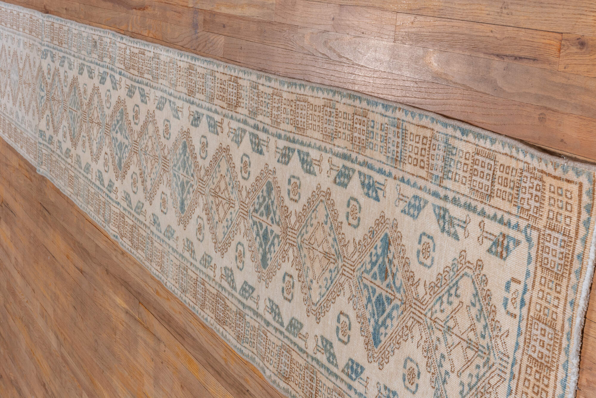 2' x 14' one-of-a-kind handmade vintage Sarab runner rug. Color palette: brown, dark gray, dim gray, gainsboro, gray