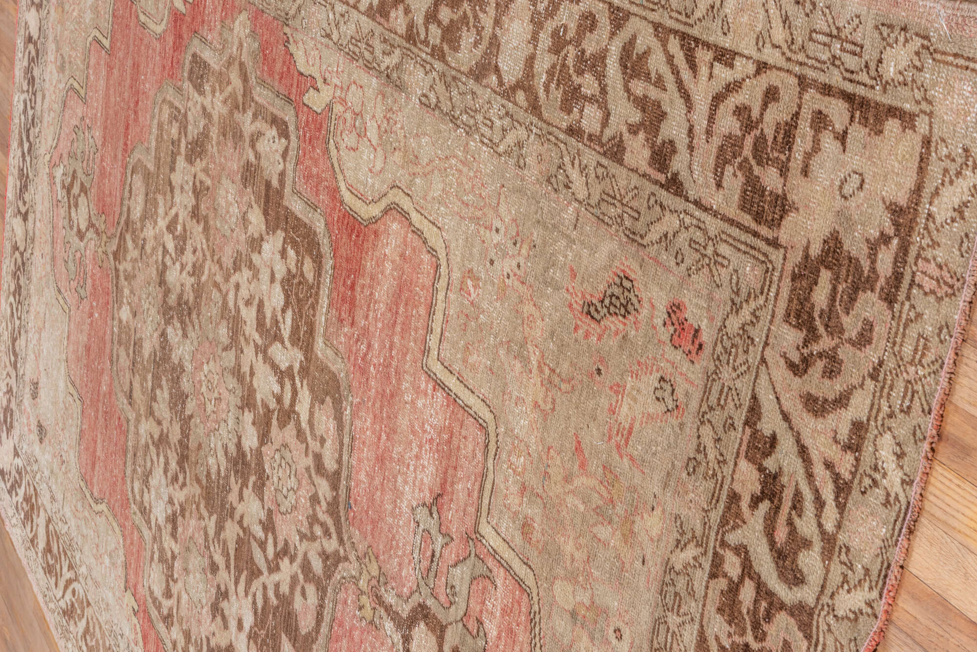 7' x 12' one-of-a-kind handmade vintage Oushak large size rug. Color palette: brown, gray, light gray, off-white, pink