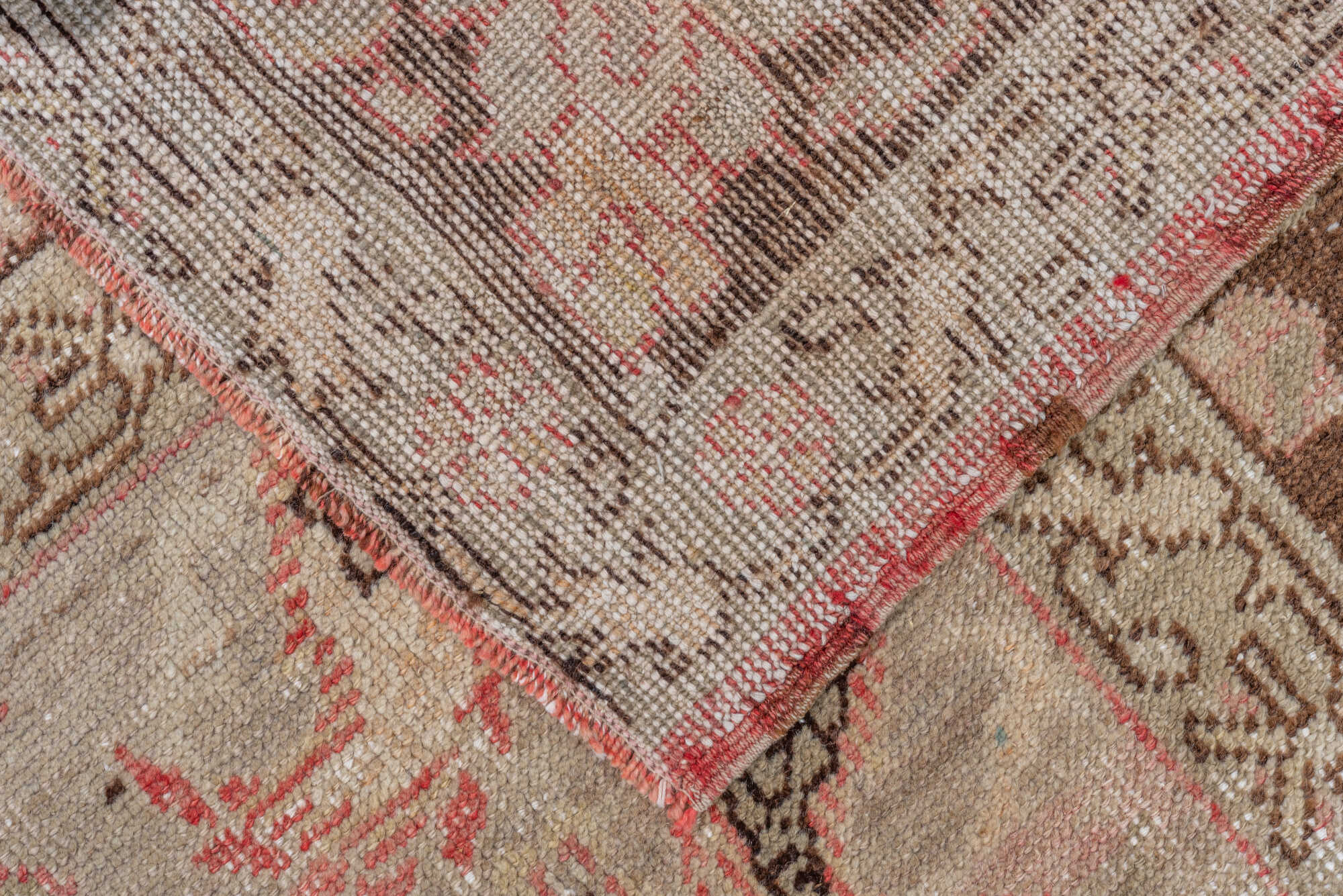 7' x 12' one-of-a-kind handmade vintage Oushak large size rug. Color palette: brown, gray, light gray, off-white, pink